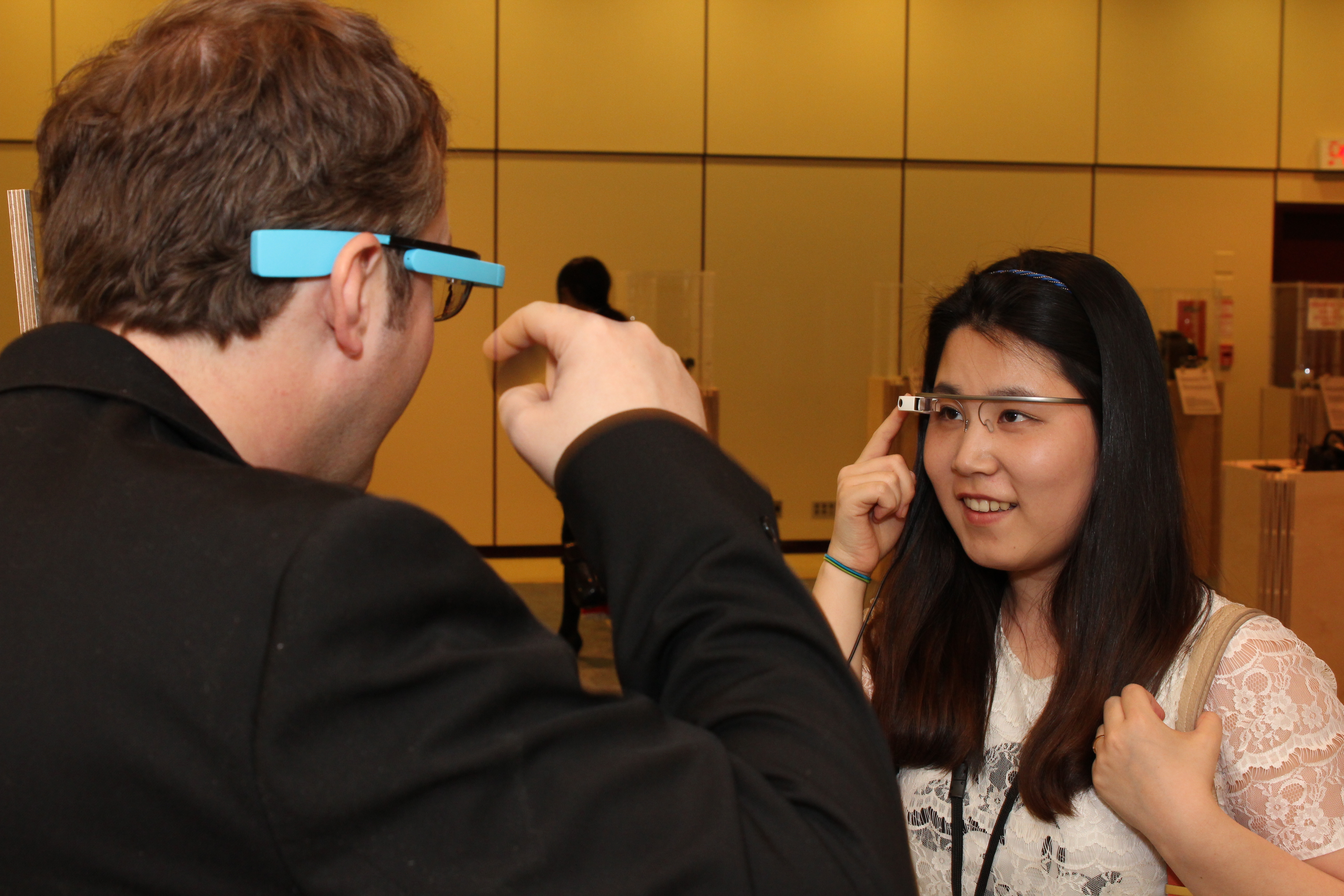 Professor Thad Starner demonstrates Google Glass. Starner is a technical lead on the Google project.