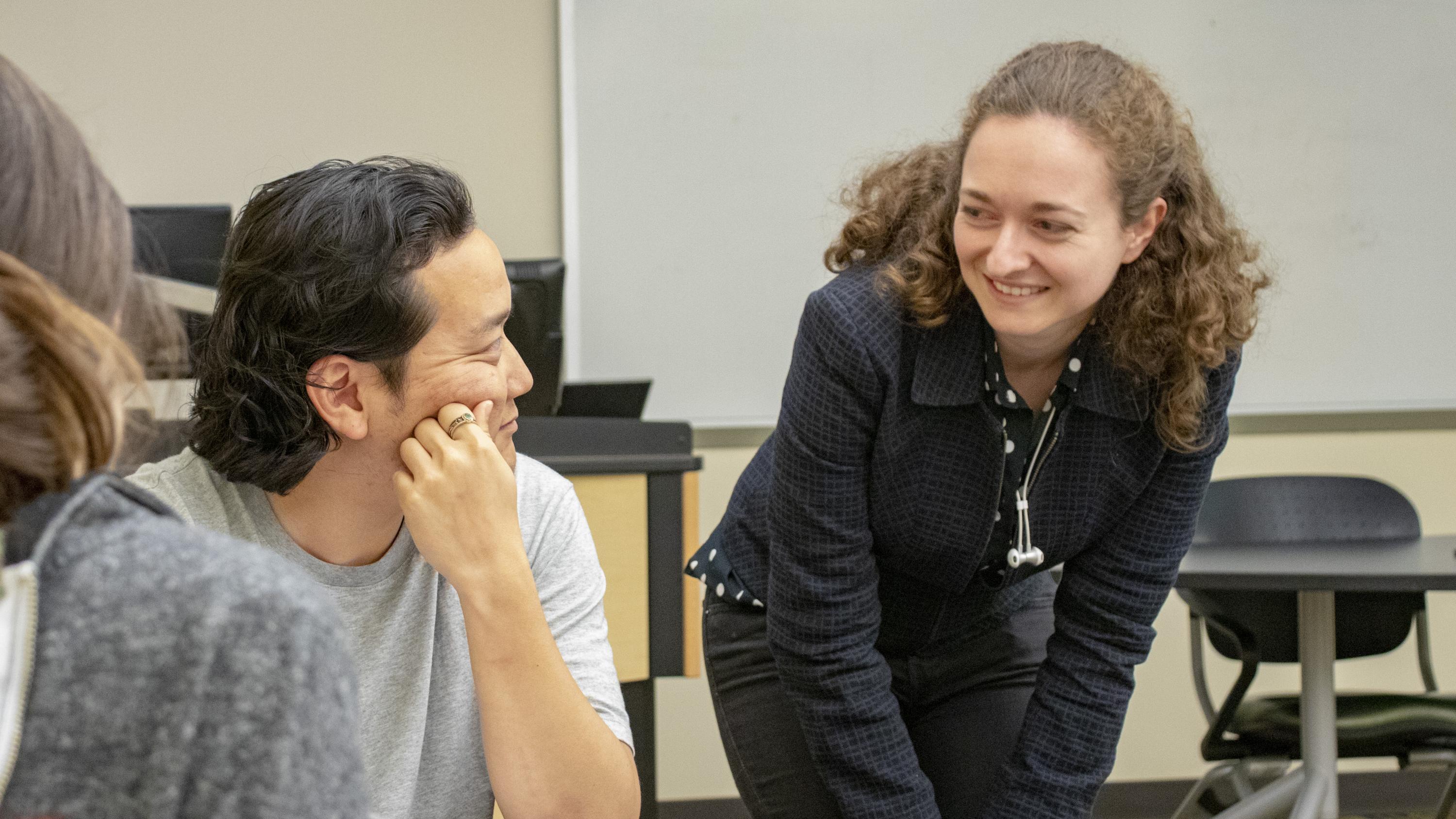 Daniel Youngchul Son, a graduate student in the School of City and Regional Planning, talks with Jenny Strakovsky, assistant director of career education and graduate programs in the School of Modern Languages, during a session of the Career Design for Global Citizenship course on April 17, 2019.