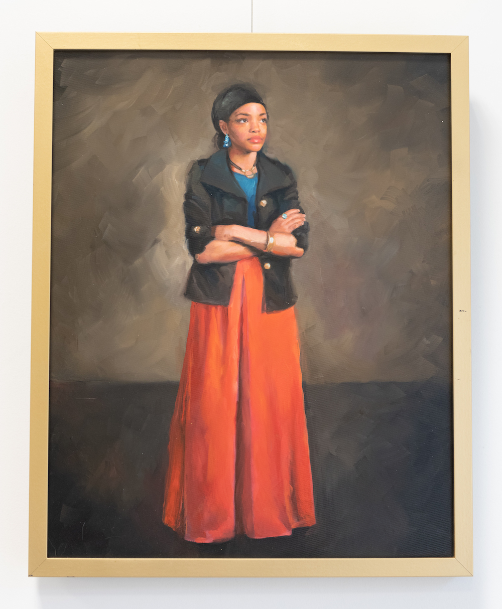 Vermillion, oil on canvas, by Mel Goux, senior digital designer, GTRI. Portrait of Georgia Tech alumna and former employee Fitrah Hamid, based on a photo taken by Georgia Tech photographer Rob Felt. (Photo by Allison Carter)