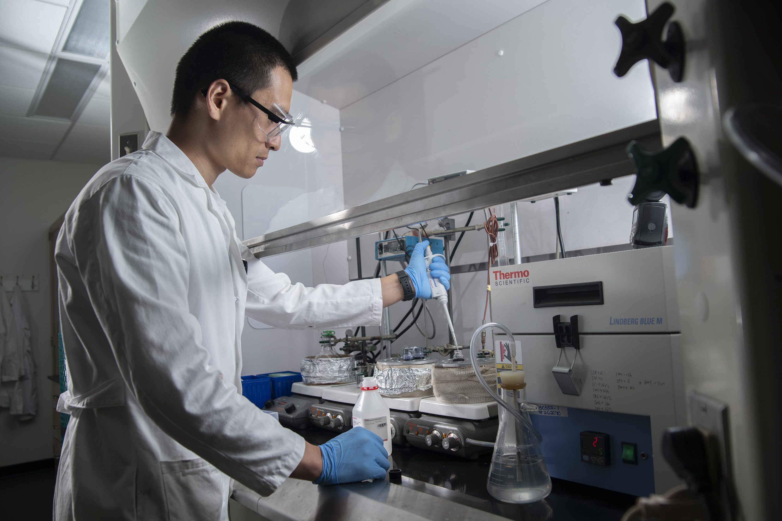 Zhengming Cao, a visiting graduate student at Georgia Tech, is working on improving durability for platinum-based fuel cell catalysts. (Credit: Christopher Moore)