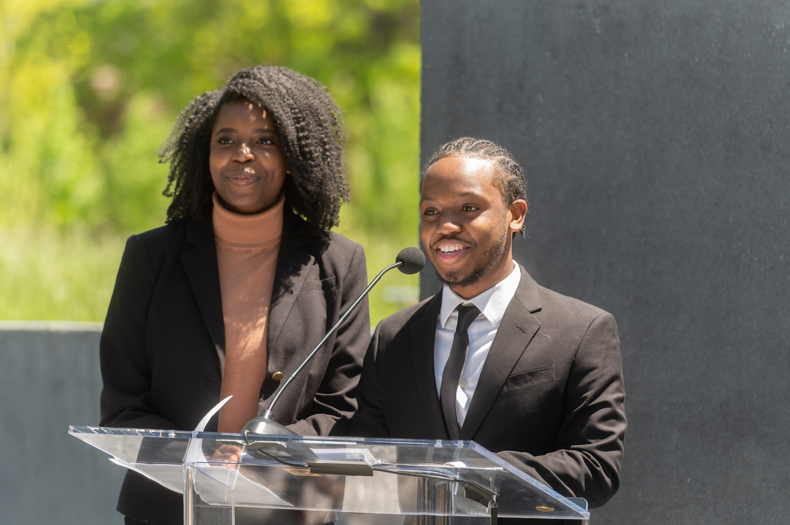 Undergraduates Shelbe Johnson (left) and Kemuel Russell spoke on behalf of the Georgia Tech African American Student Union. Photo by Allison Carter.