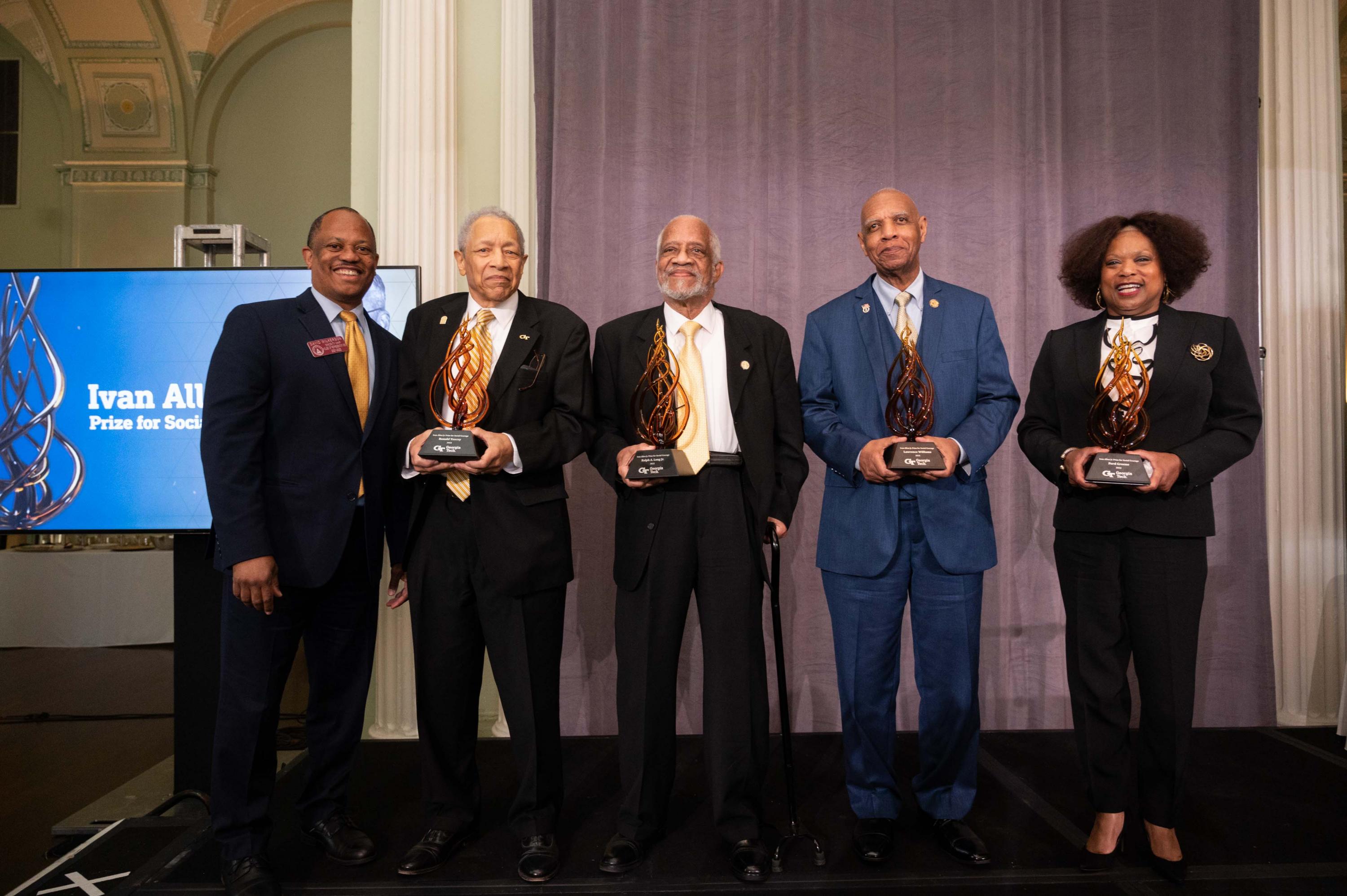 In recognition of their roles as trailblazers, Tech’s first Black students — Lawrence Williams, Ralph Long Jr., and the late Ford Greene, along with the first Black graduate Ronald Yancey — were awarded the 2022 Ivan Allen Jr. Prize for Social Courage on April 20 at the Biltmore Ballroom in Atlanta. 

Pictured left to right: State Rep. David Wilkerson, Ronald Yancey, Ralph Long Jr., Lawrence Williams, and Frankie Hall, wife of the late Ford C. Greene.
