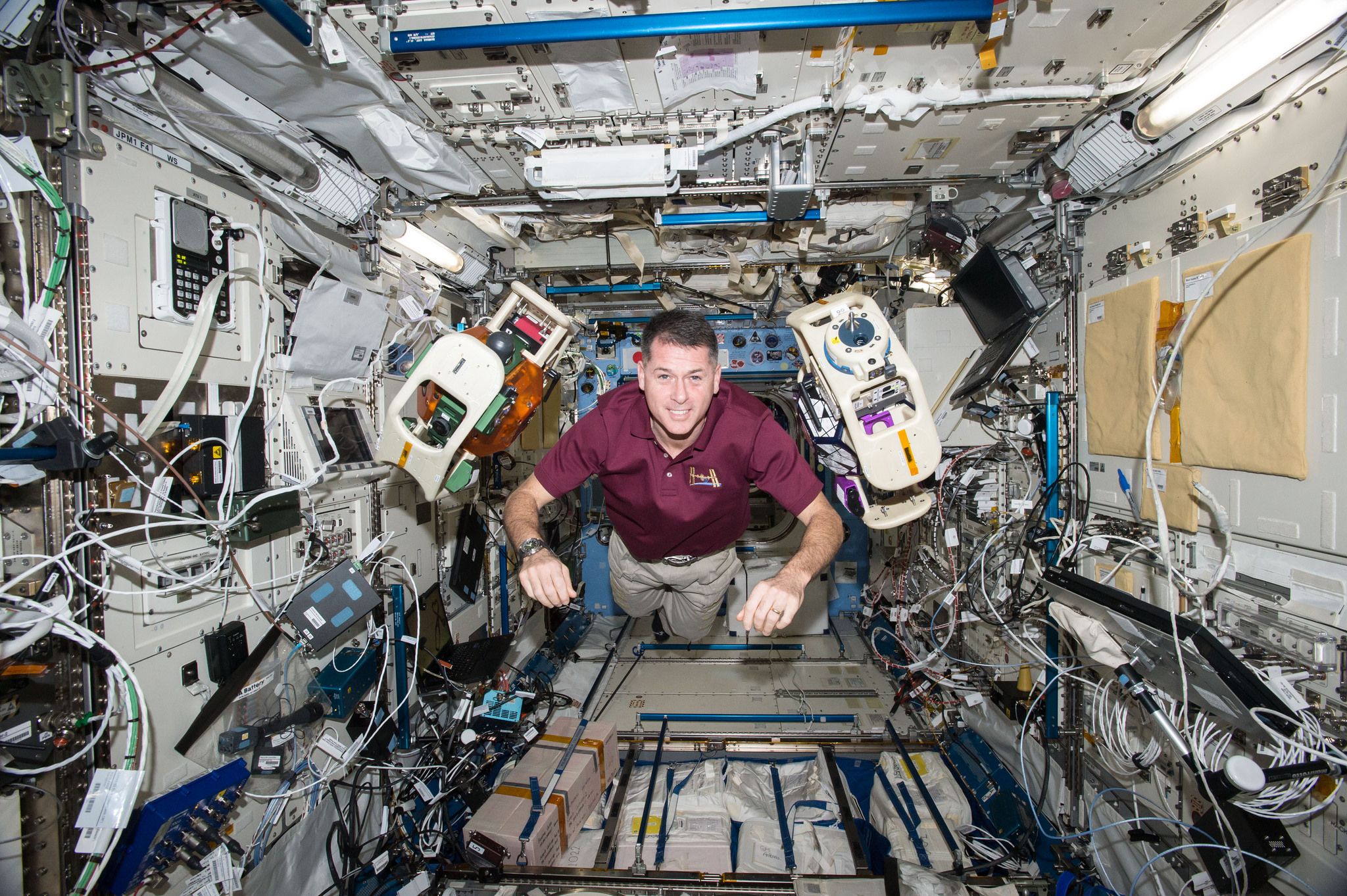 NASA astronaut Shane Kimbrough is seen executing the SPHERES-Halo experiment aboard the International Space Station in February 2017. Courtesy: NASA