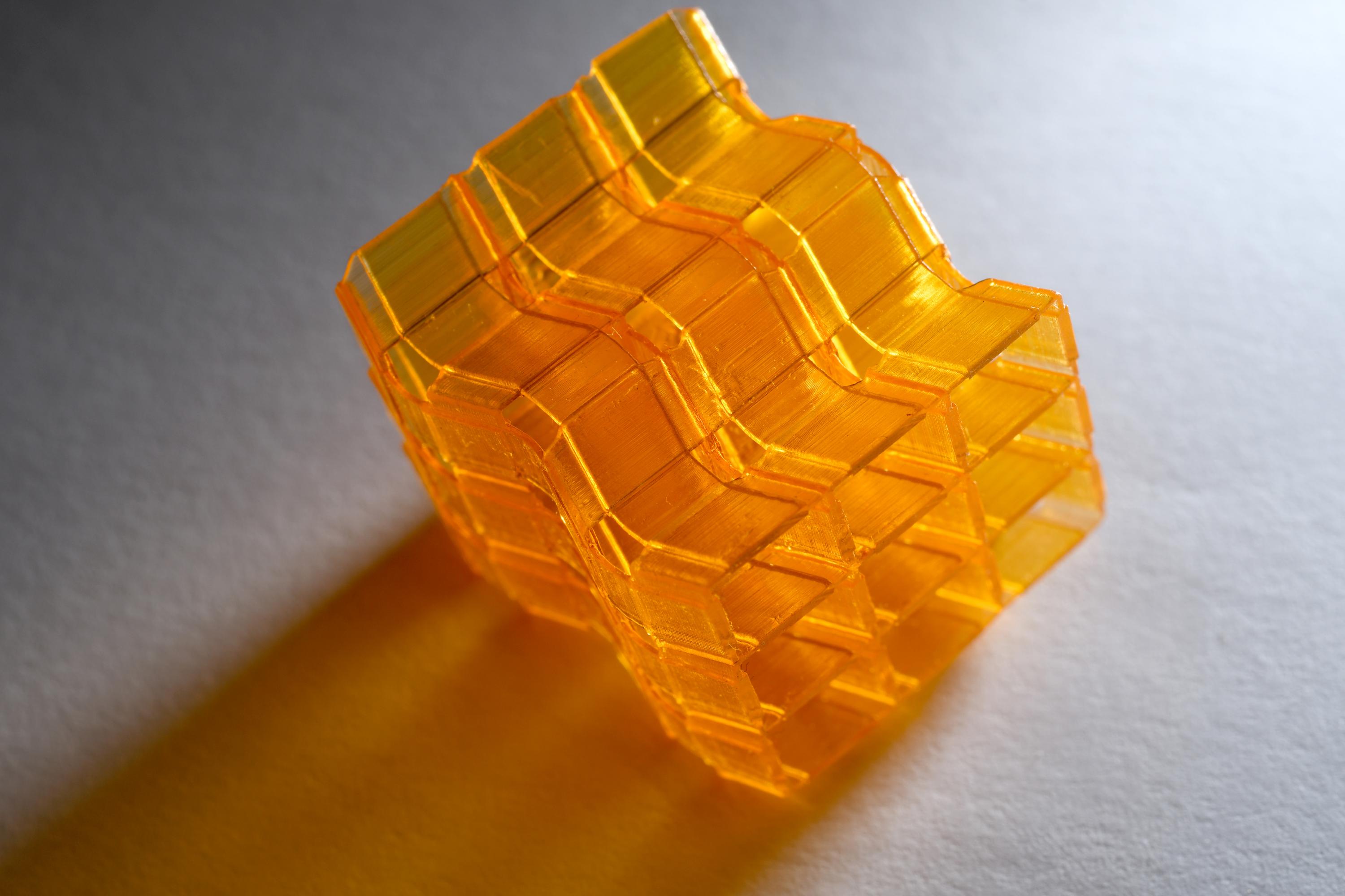Closeup of an origami structure created through Digital Light Processing 3D printing. (Credit: Christopher Moore, Georgia Tech).