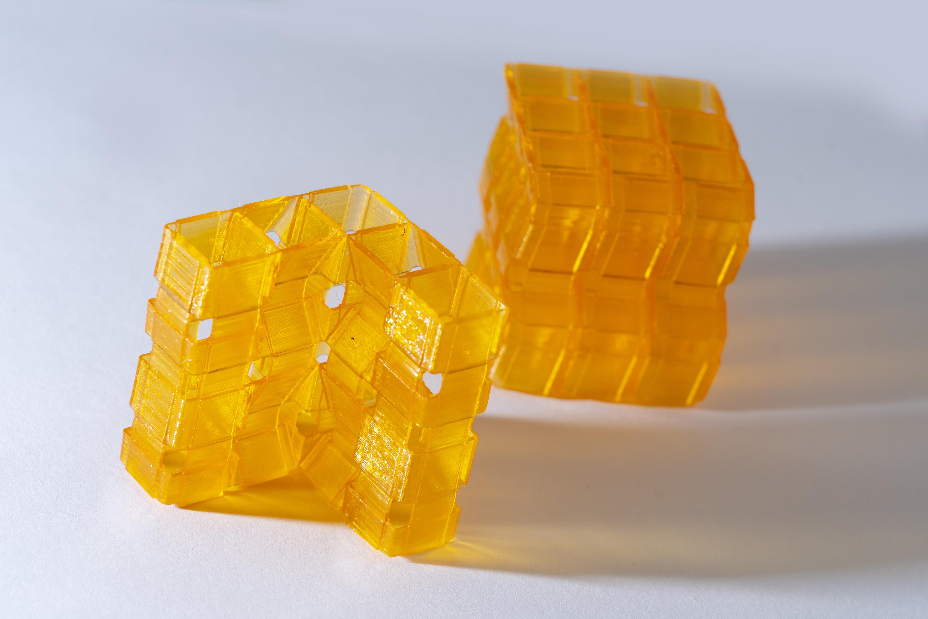 Closeup of origami structures created through Digital Light Processing 3D printing. (Credit: Christopher Moore, Georgia Tech).