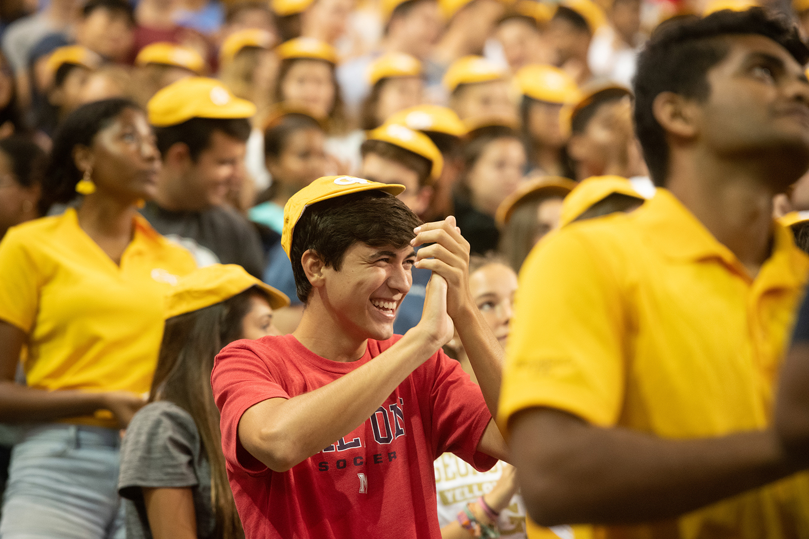 A student dons his RAT cap at New Student Convocation in Fall 2019. The annual event welcomes incoming first-year students.