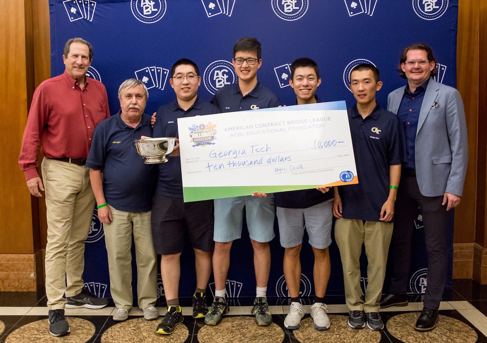 At the North American Collegiate Bridge Championships (L–R): Mitch Dunitz, a sponsor of the Collegiate Bridge Bowl; Giorgio Casinovi, advisor and coach of the Georgia Tech Bridge Club and retired senior research engineer in the School of Electrical Engineering; Weilong Shen; Bo Han “Bruce” Zhu; Vincent Zhu, president of the Georgia Tech Bridge Club; Alan Yu, and Robert Todd, president of the ACBL Educational Foundation.