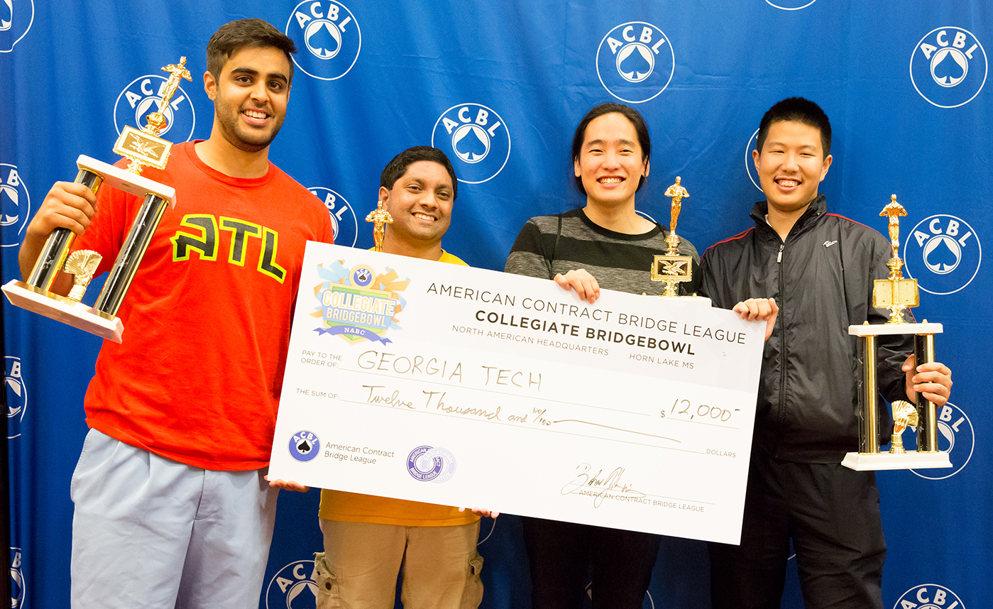 Georgia Tech won the 2017 Collegiate Bridge Bowl Championship: Arjun Dhir, Santhosh Karnik, Charles Wang and Zhuangdi Xu. In the final, they defeated the University of Chicago 80-37. Image courtesy of the North American Bridge Championships Daily Bulletin.