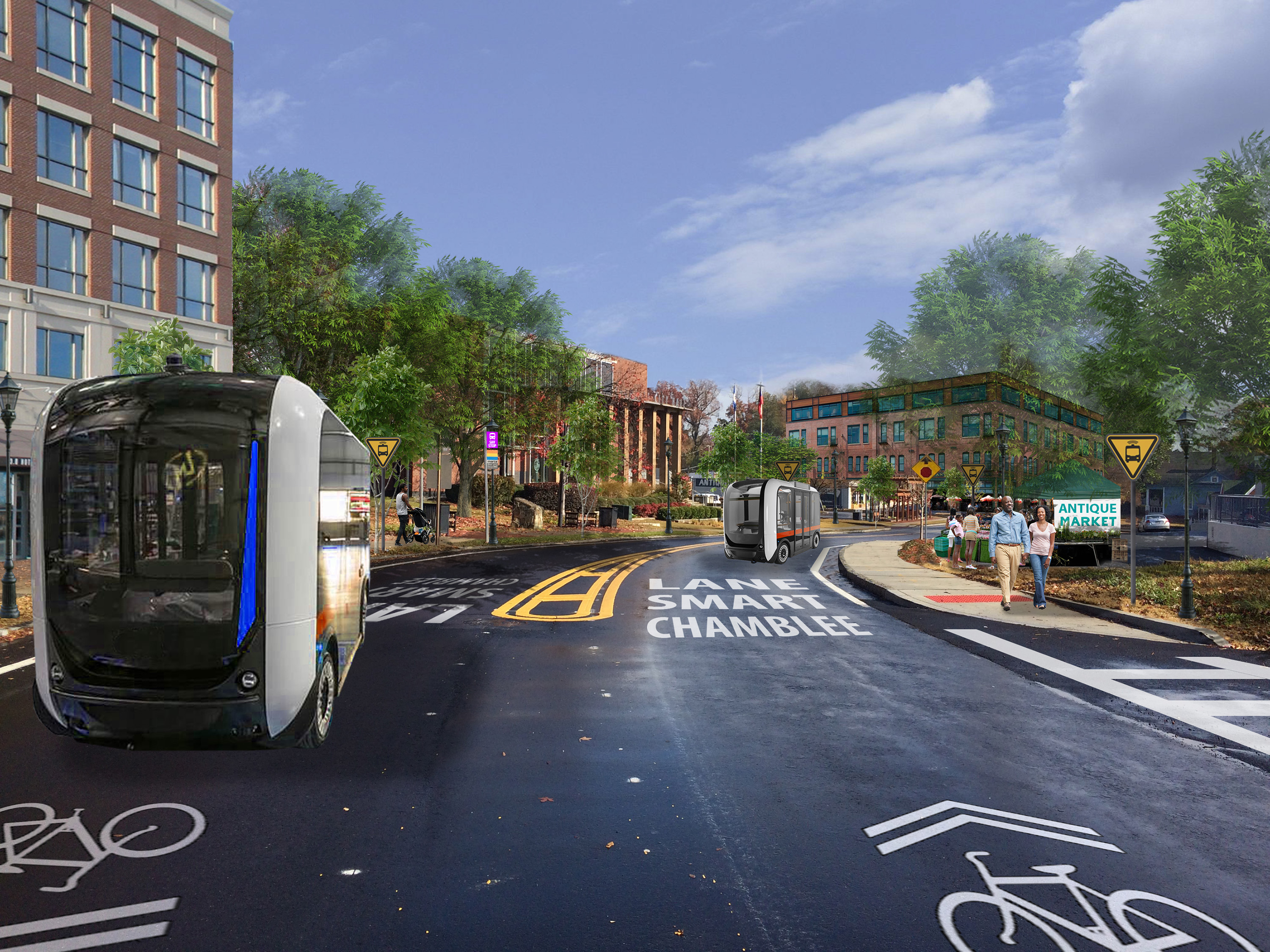 Conceptual illustration showing shared autonomous vehicles proposed for Chamblee. The city is using Georgia Smart funding to collaborate with a Georgia Tech to study how improving urban design and passenger experiences can help build ridership. (Credit: Stantec)