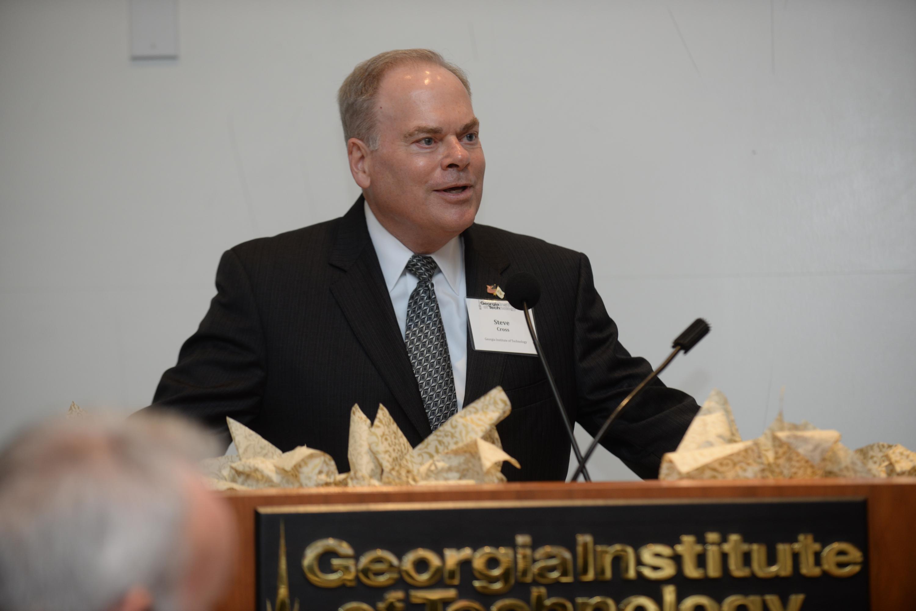 Stephen E. Cross, executive vice president for research, welcomes a panel discussion about cybersecurity held at Georgia Tech. Panelists included Rep. Tom Graves (R-Ga 14) and Rep. Kyrsten Sinema (D-Ariz. 9). 

 