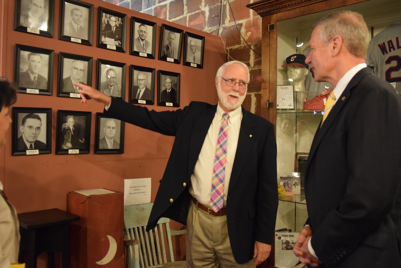 Former Georgia Tech President G. Wayne Clough gives current President G.P. "Bud" Peterson a tour in Clough's hometown of Douglas, Georgia.