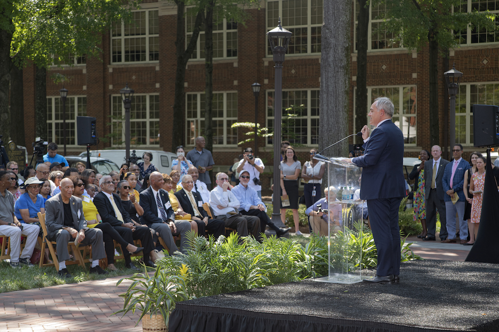 President Ángel Cabrera addresses the honorees and guests in Harrison Square before unveiling the Trailblazers sculpture.