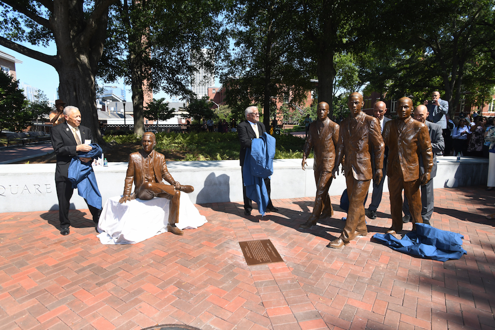 Georgia Tech trailblazers unveil sculptures in Harrison Square. Photo by Christopher Moore.