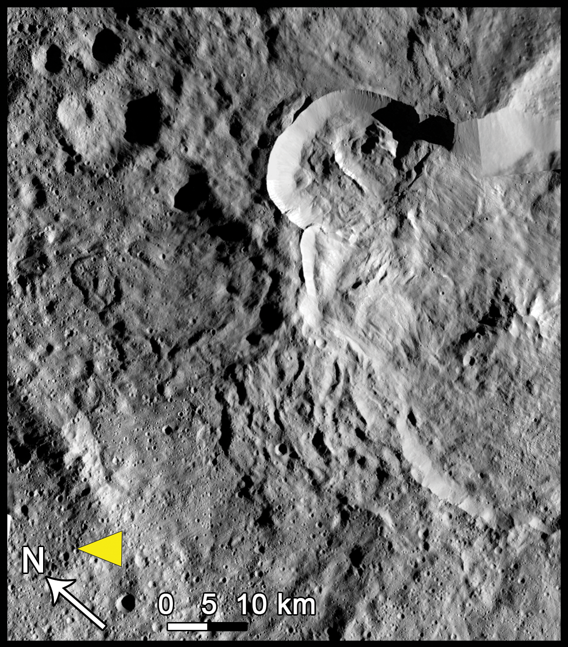Ceres' Type III features appear to form when some of the ice is melted during impact events. These landslides at low latitudes are always found coming from large-impact craters. Credit: NASA/JPL-Caltech/UCLA/MPS/DLR/IDA, taken by Dawn Framing Camera