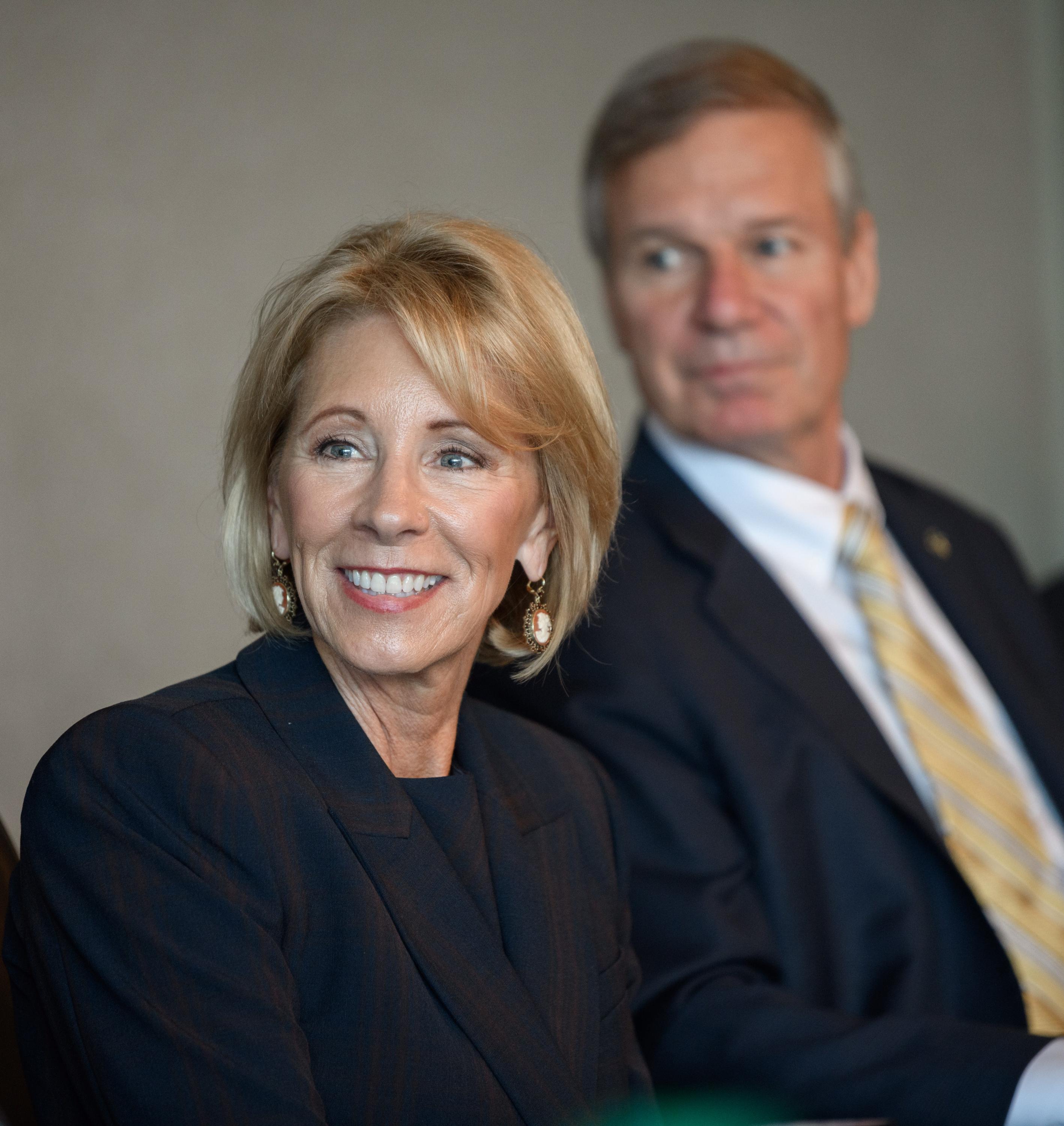 U.S. Secretary of Education Betsy DeVos visited Georgia Tech Wednesday and listened to a presentation with President G.P. "Bud" Peterson. 

Photo by Rob Felt