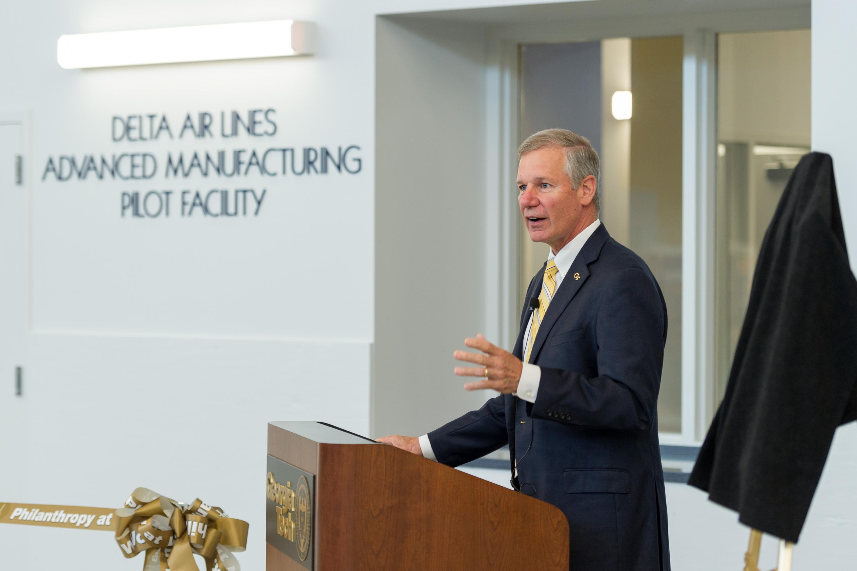 Georgia Tech President G.P. “Bud” Peterson highlights the growing partnership with Delta Air Lines July 19 during the ribbon cutting for Delta’s new Advanced Manufacturing Pilot Facility on Georgia Tech’s campus.
