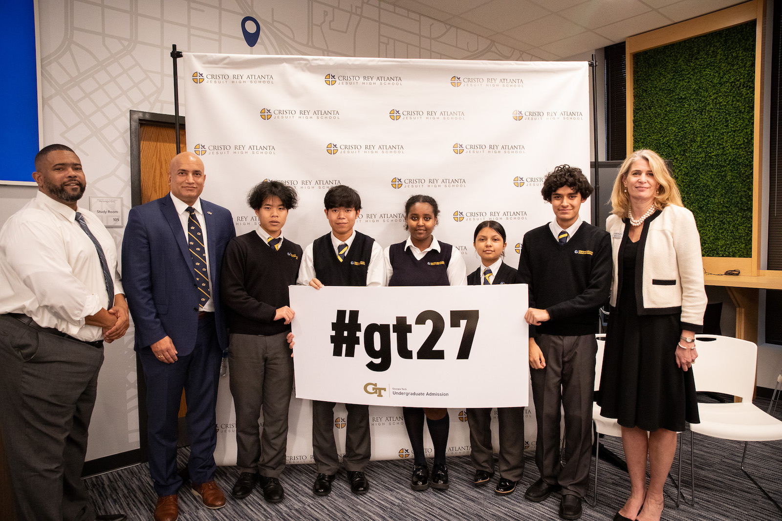 Five students at Cristo Rey Atlanta Jesuit High School were given their acceptance letters by Devesh Ranjan (second from left), the Eugene C. Gwaltney, Jr. School Chair in the Woodruff School of Mechanical Engineering. Photo taken by Ian Sargent.  