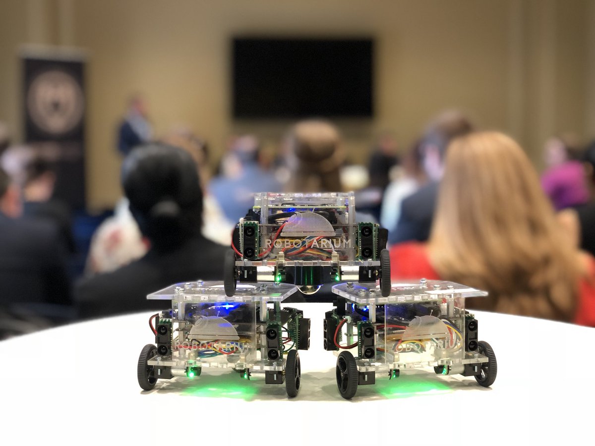 A robot from Georgia Tech's Robotarium on display at the Ethics in Robotics roundtable on Sept. 25, 2018
