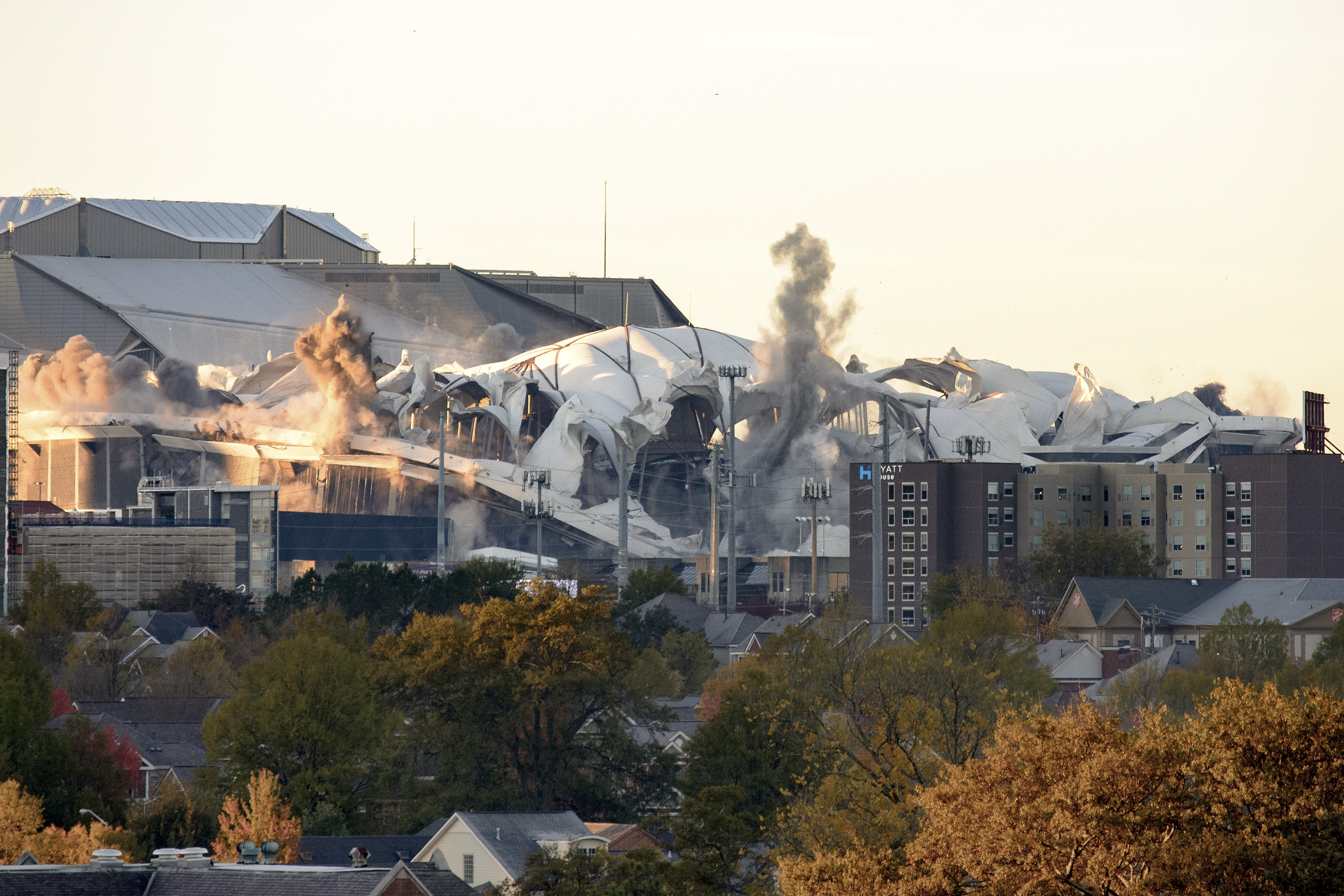 A view from atop the Georgia Tech Hotel's parking structure as the Georgia Dome is imploded on November 20, 2017.