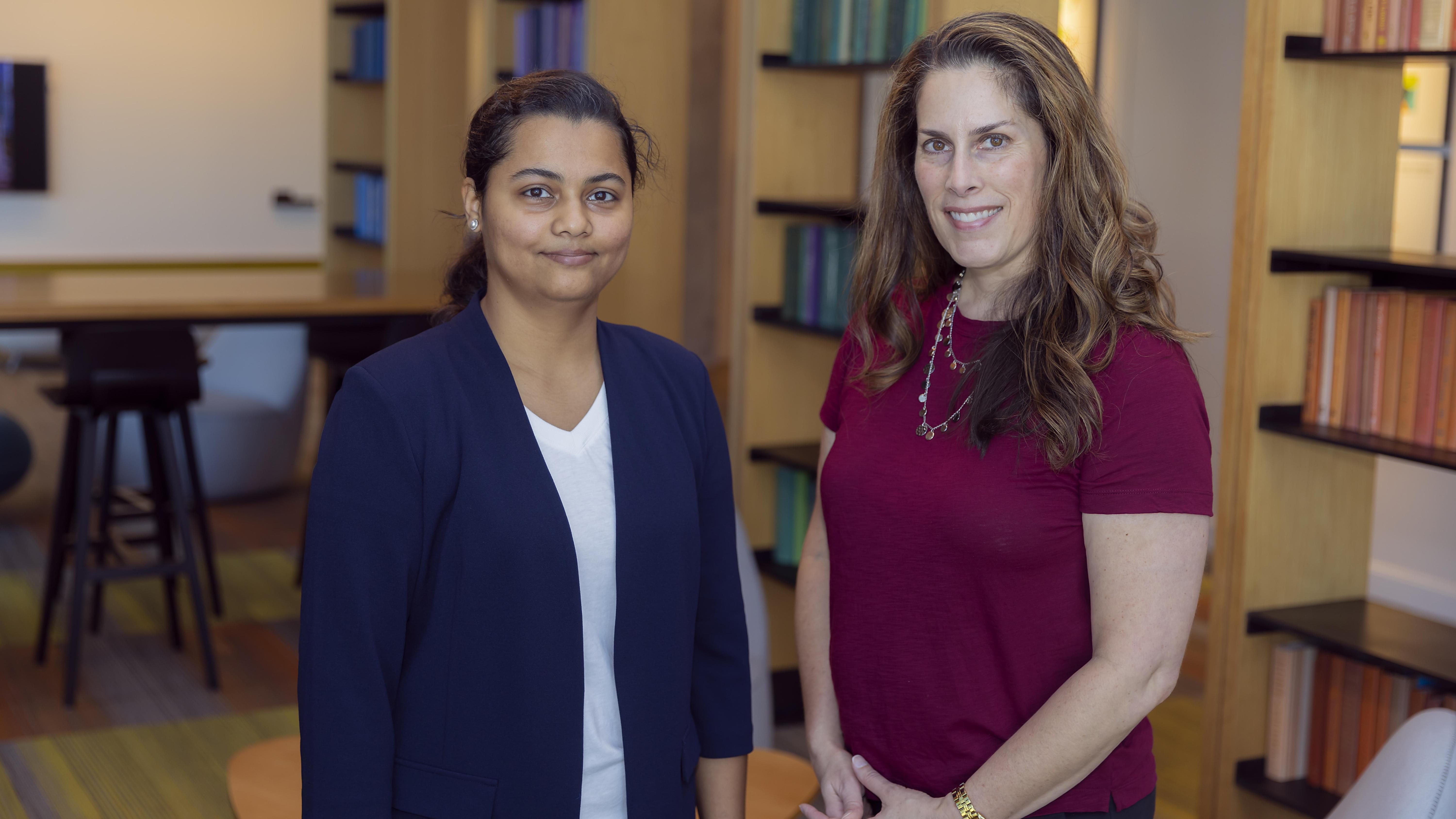 Cybersecurity master's student&nbsp;Sneha Talwalkar (left)&nbsp;and&nbsp;GTRI Principal Research Scientist&nbsp;Courtney Crooks&nbsp;(right) are working to bring relief to survivors of domestic abuse by building on developments recently made in cognitive security.&nbsp;(Photos by Kevin Beasley/College of Computing)
