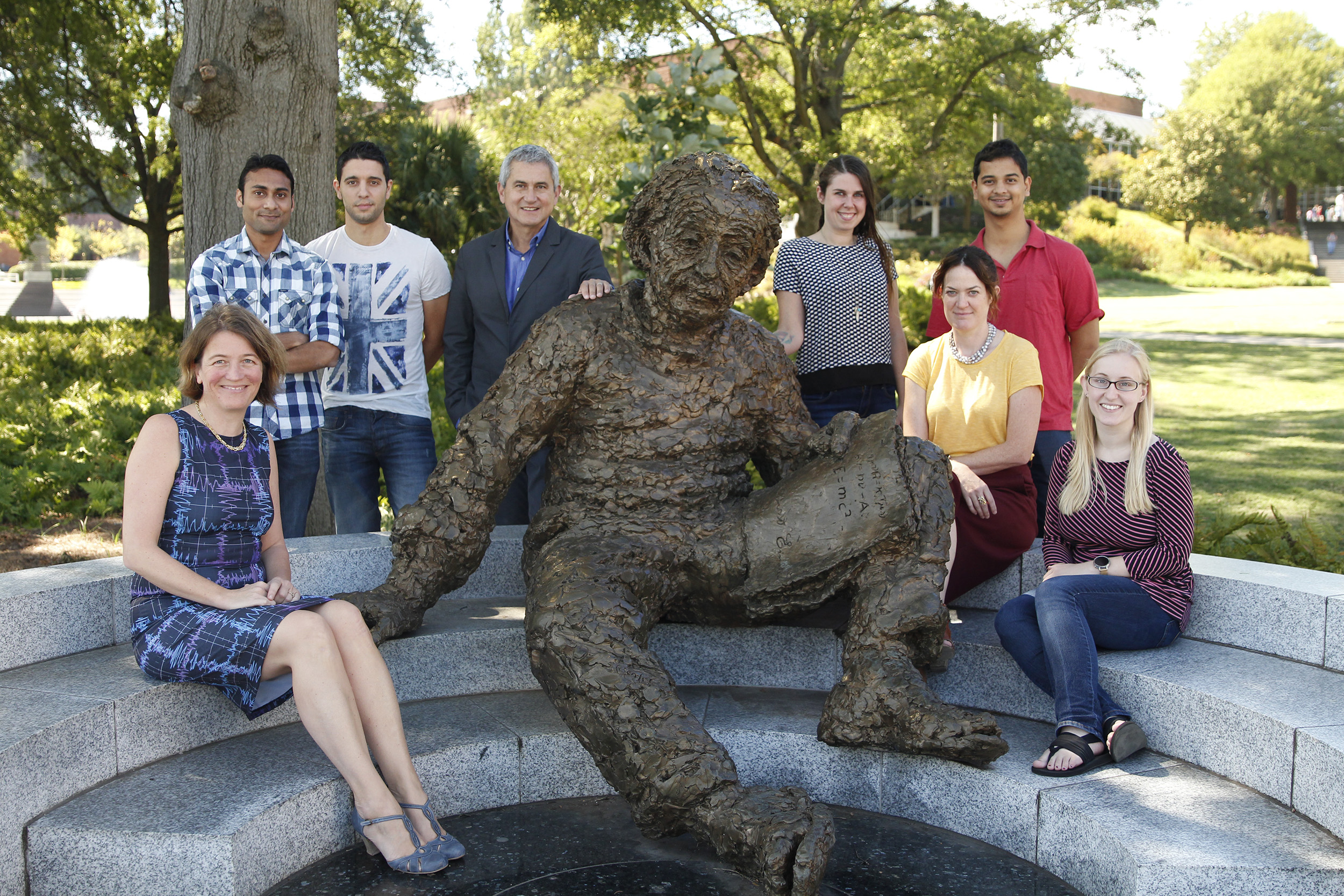 Members of the Georgia Tech LIGO team at the Albert Einstein statue on campus.
