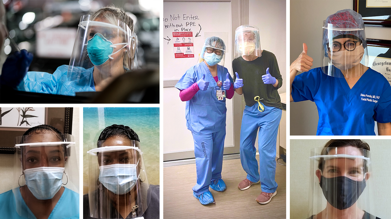 Composite image shows healthcare workers using face shields produced in a major manufacturing effort organized by Georgia Tech and the Global Center for Medical Innovation.The effort was supported by a group of industry collaborators. (Composite image: Joshua Stewart)
