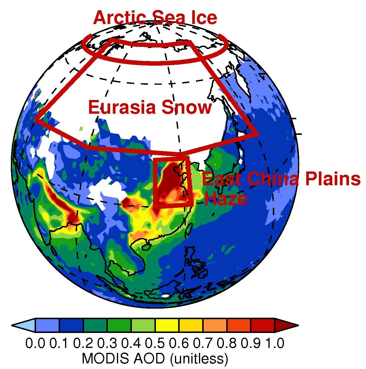 Map shows the distribution of aerosol optical depth from the MODIS instrument onboard NASA’s Aqua Satellite for January 2013. (Courtesy Yuhang Wang)
