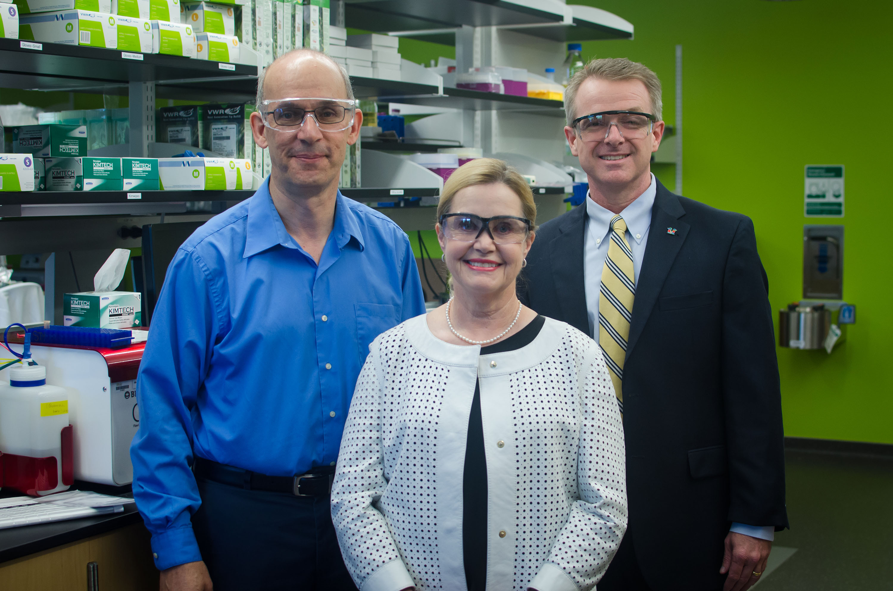 From left, M.G. Finn, Chief Scientific Officer of Georgia Tech's Pediatric Technology Center and chair of the Chemistry Department; Mary Ellen Imlay, chair of the Imlay Foundation; and Dr. Patrick Frias, chief operating officer at Children's Healthcare of Atlanta, in a laboratory in the Engineered Biosystems Building where research takes place as a part of the Children's-Georgia Tech partnership.