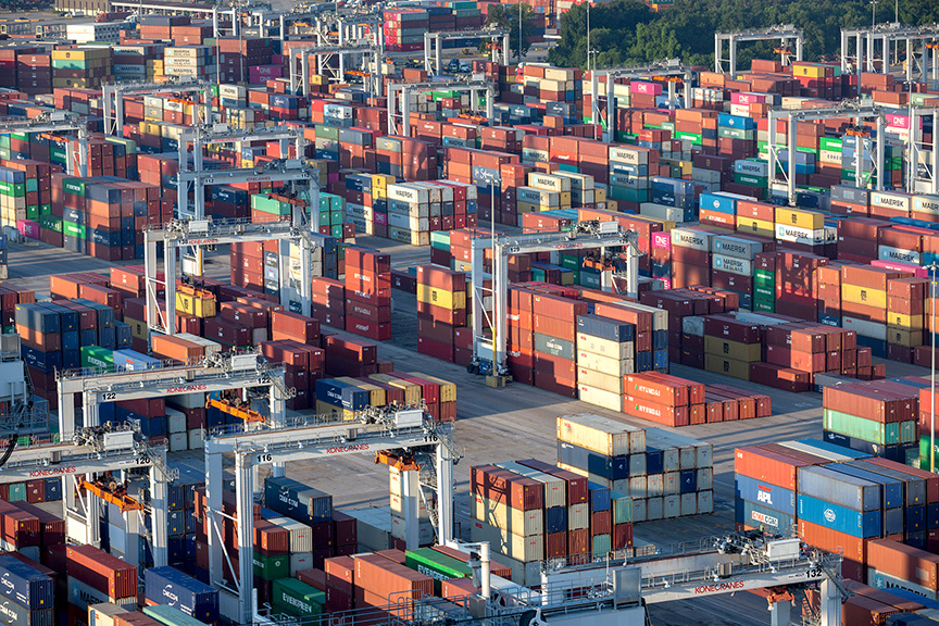The U.S. gets close to a trillion dollars of products annually from Asian countries, and most are shipped by sea, which requires a four-to-six-week lead time. Here, containers are stacked at a Georgia Ports Authority facility in Savannah. (GPA Photo: Stephen B. Morton)