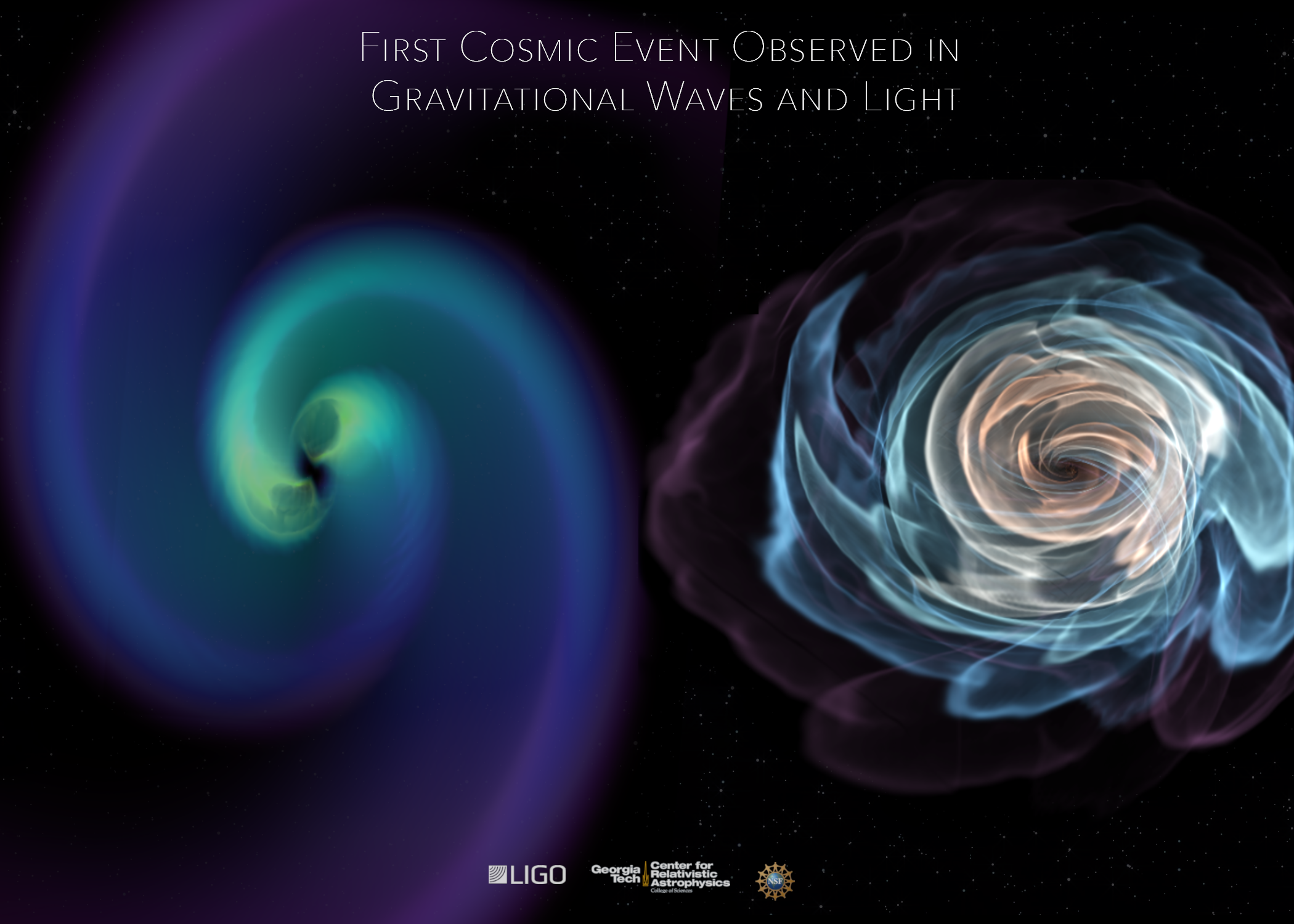 This visualization shows the coalescence of two orbiting neutron stars. The right panel contains a visualization of the matter of the neutron stars. The left panel shows how space-time is distorted near the collisions. Image credit: Karan Jani/Georgia Tech