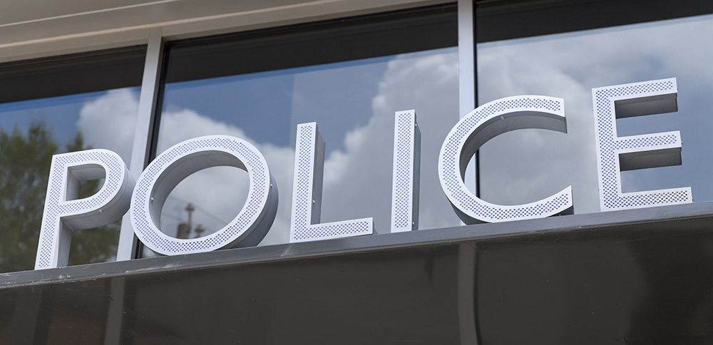 Police sign at Georgia Tech's Campus Safety Building. (Photo: Rob Felt)