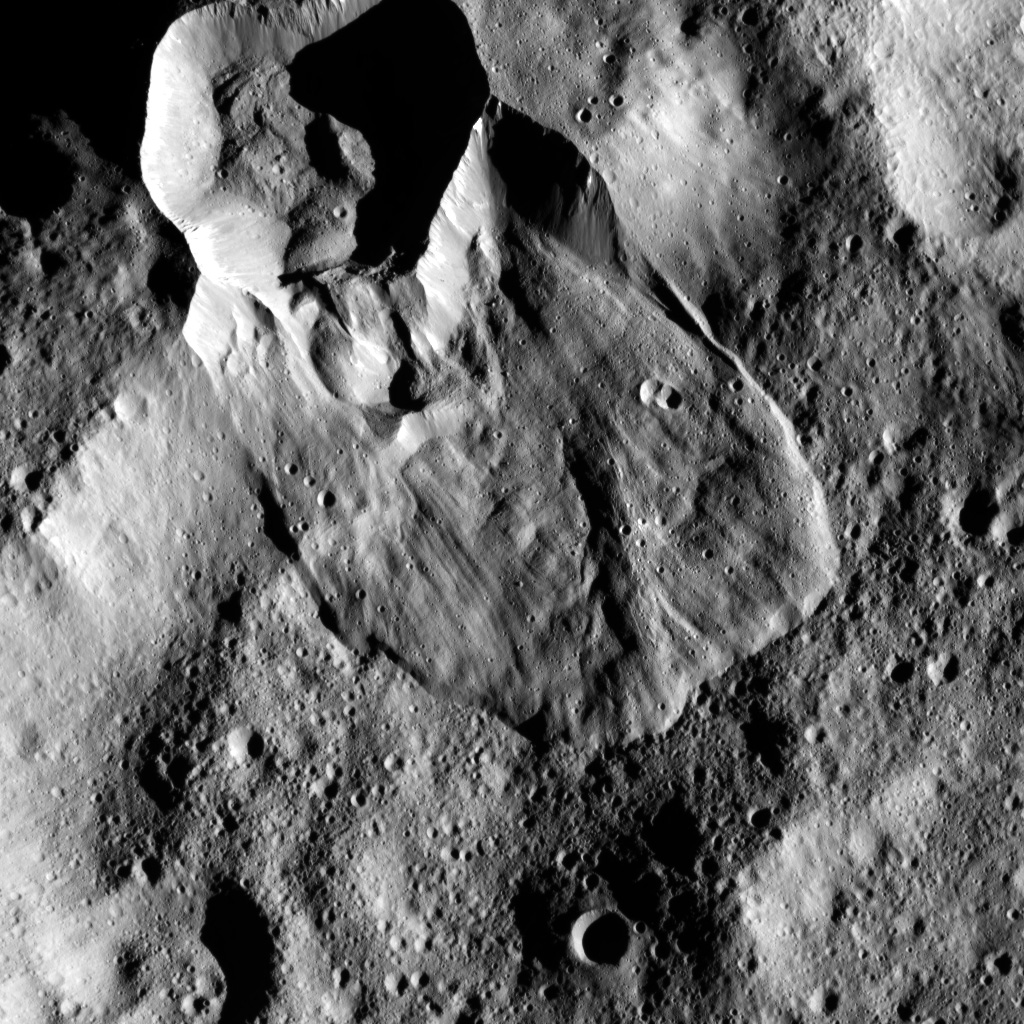 Type I landslides on Ceres are relatively round, large and have thick "toes" at their ends. They look similar to rock glaciers and icy landslides in Earth’s arctic. Credit: NASA/JPL-Caltech/UCLA/MPS/DLR/IDA, taken by Dawn Framing Camera