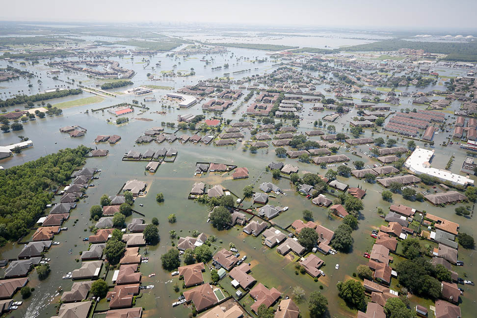 Floodwaters cover Port Arthur, Texas, on August 31, 2017, following Hurricane Harvey. Staff Sgt. Daniel J. Martinez took this photo from a South Carolina Helicopter Aquatic Rescue Team UH-60 Black Hawk helicopter during rescue operations following the storm. (Photo: Staff Sgt. Daniel J. Martinez, U.S. Air National Guard)
 