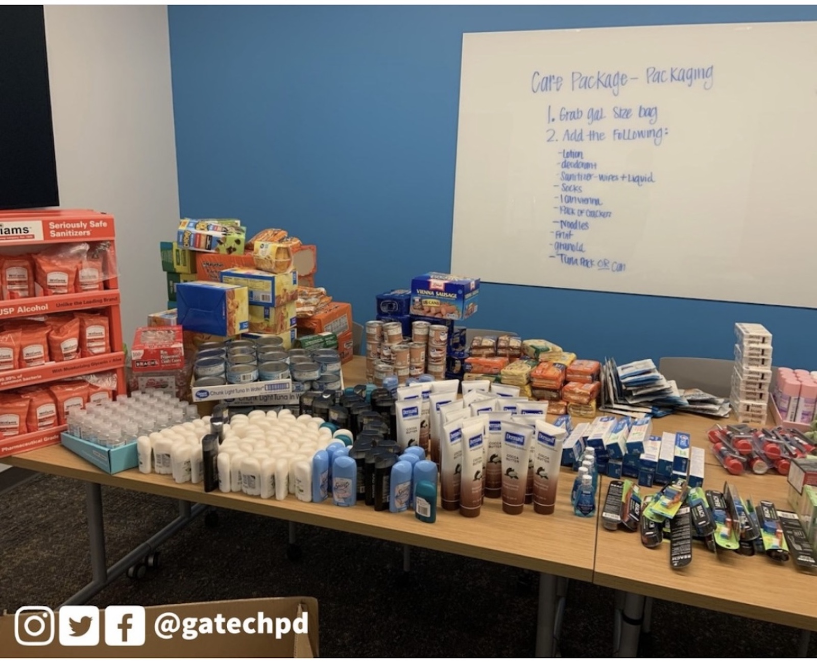 Toiletries and food collected for GTPD's Care Package Drive.