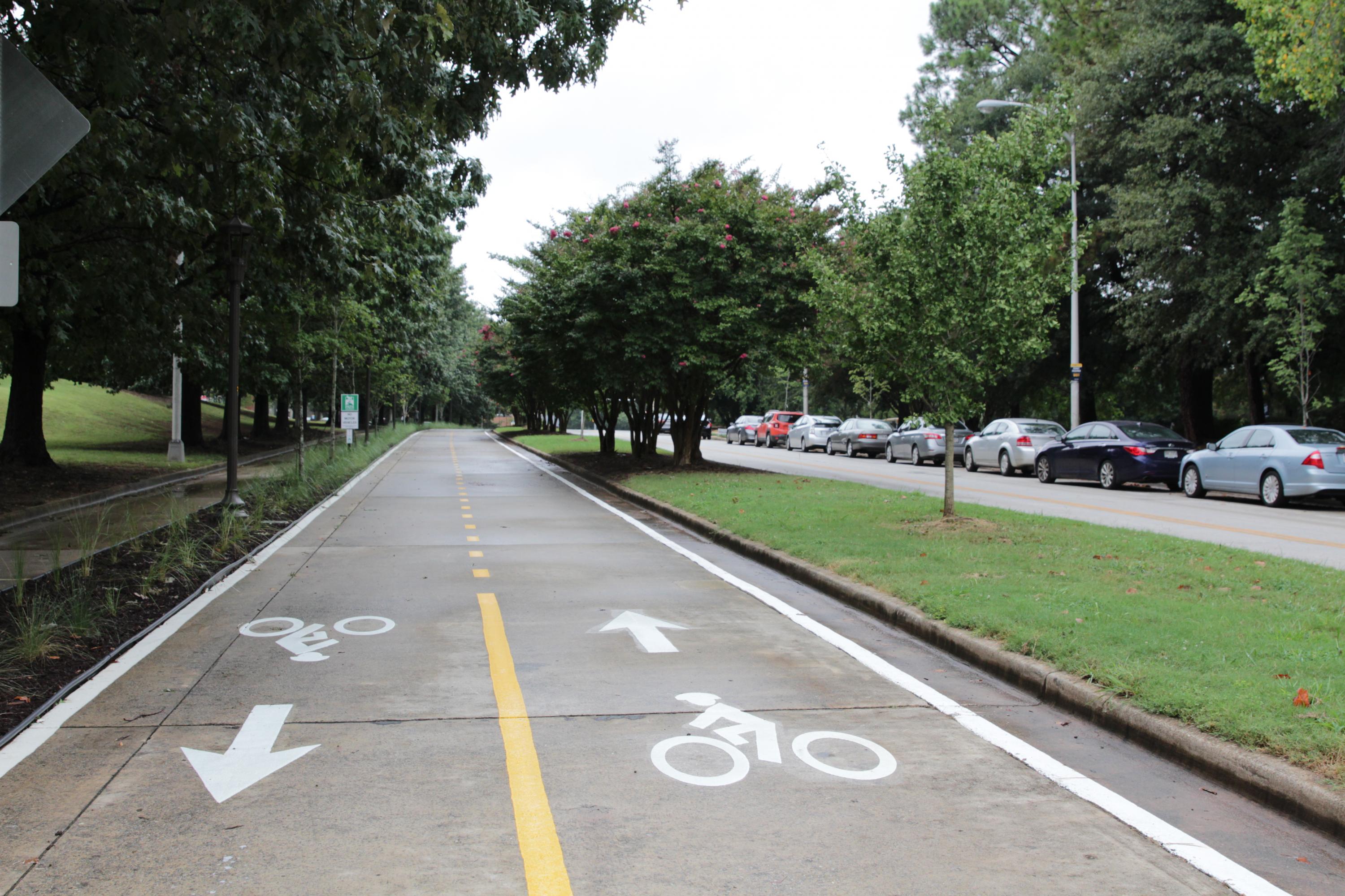 Striping designates direction for cyclists on the PATH Parkway