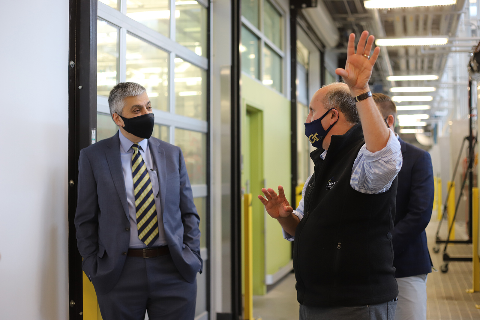 Chaouki Abdallah, executive vice president for Research, and Paul M. Dabbar, undersecretary for science at the U.S. Department of Energy, engage in discussion during a tour of the Carbon Neutral Energy Solutions Laboratory on Sept. 25, 2020. Photo by Ashley Ritchie