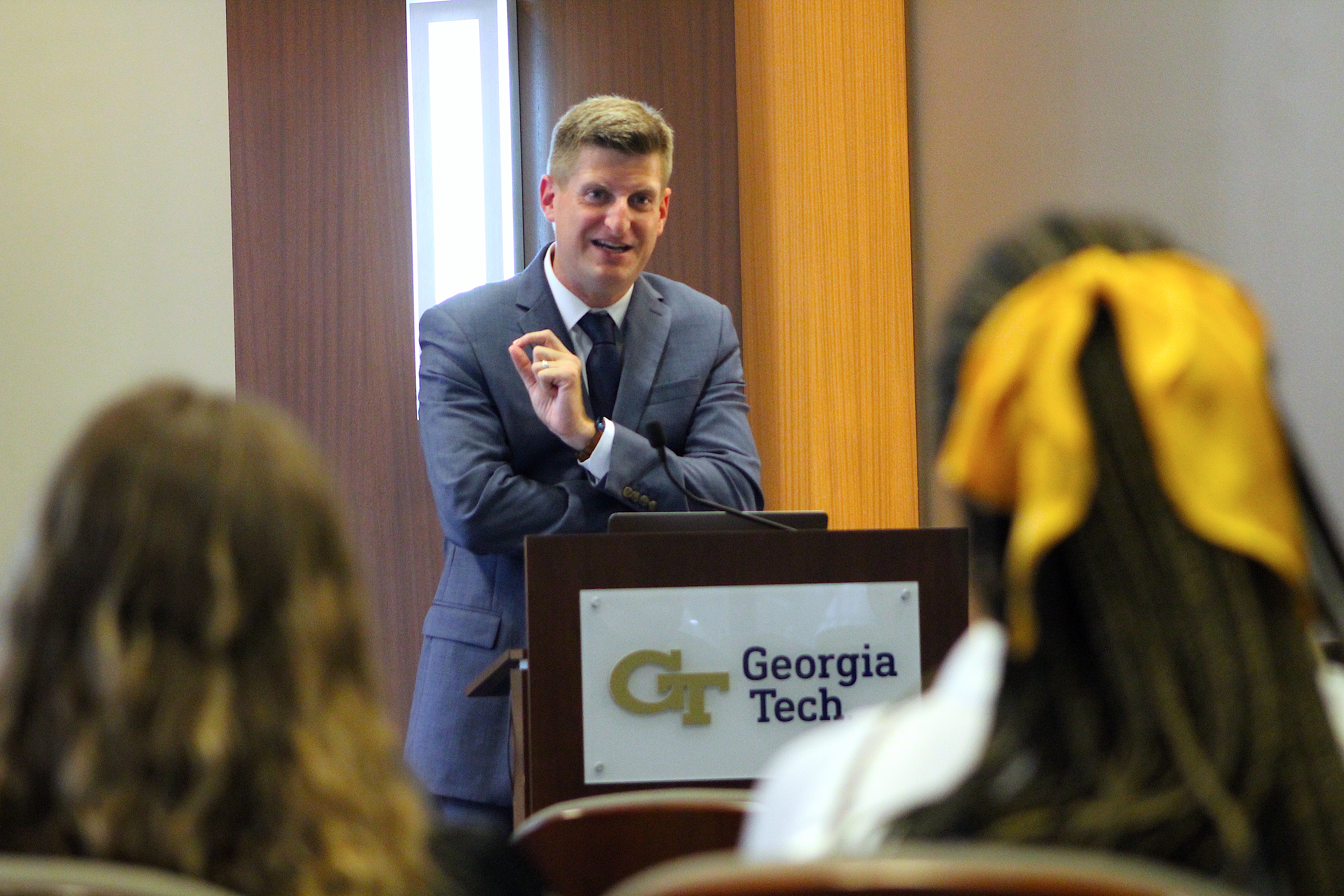 The Atlanta Journal-Constitution's Greg Bluestein speaks during Thursday's seminar at the Bill Moore Student Success Center. 
