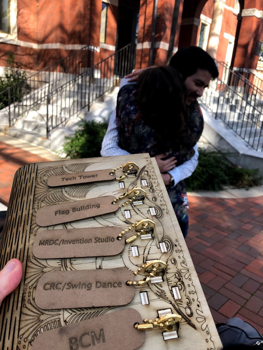 When Jayce decided it was time to pop the big question, there was no doubt he wanted the proposal to be uniquely Georgia Tech. He went to the Invention Studio and laser-cut a custom storybook-shaped box with five locks.