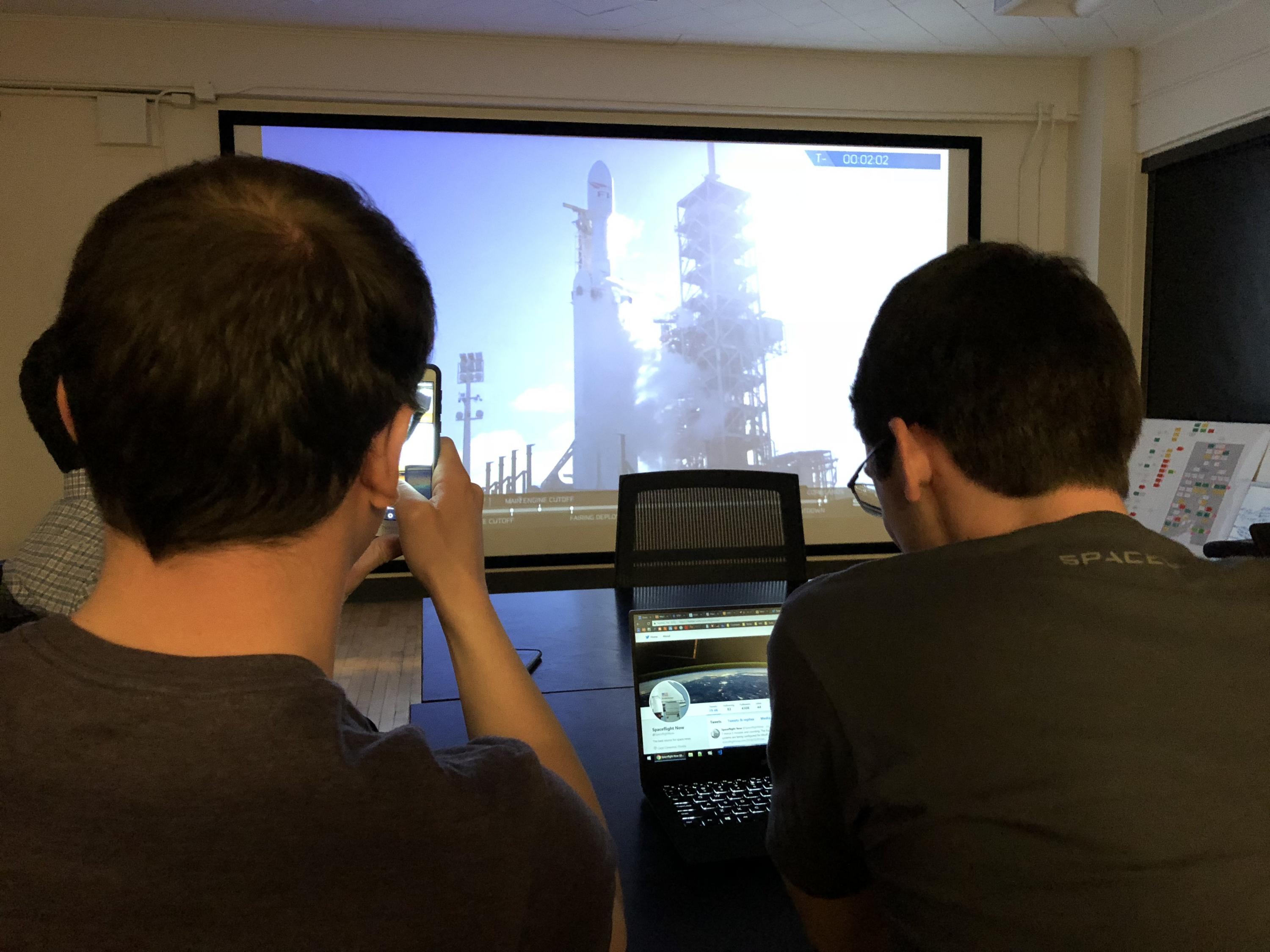 Aerospace engineering students watch a livestream of the SpaceX Falcon Heavy livestream on February 6.
