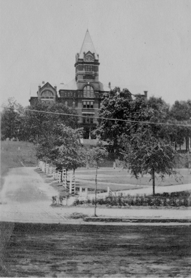 archival photo of tech tower with oak trees featured in front