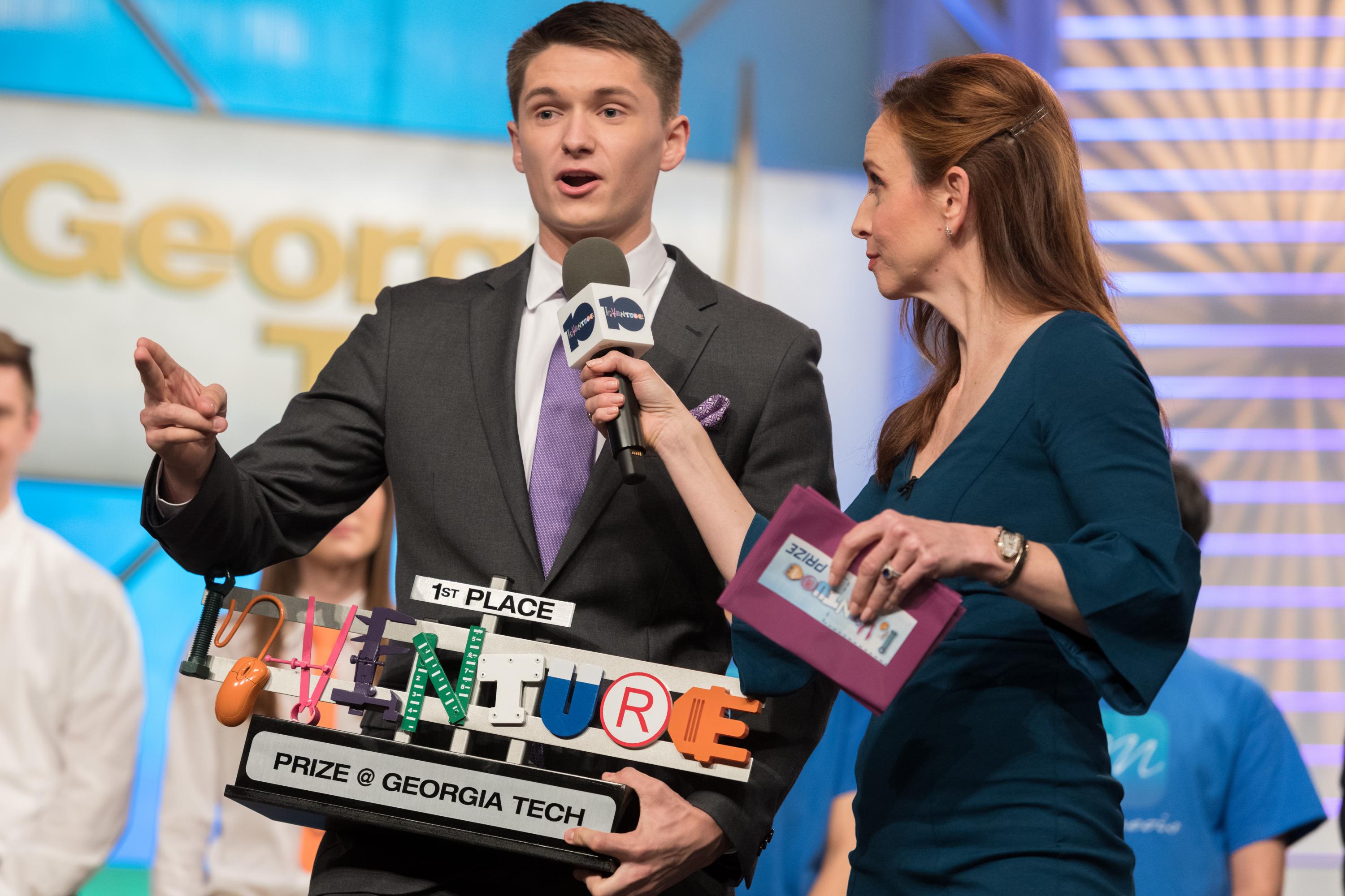Kolby Hanley won Georgia Tech’s 2018 InVenture Prize for his invention, a first of its kind aiming device for competitive archery. Hanley talks with host Faith Salie. (Photo by Allison Carter)