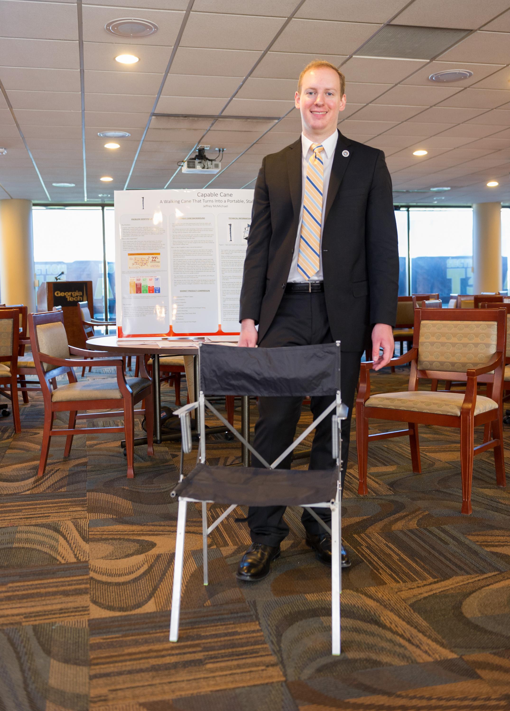 Jeffrey McMichael, a student in the George W. Woodruff School of Mechanical Engineering, invented the Capable Cane, a walking cane that unfolds into a portable, stable chair. His invention is one of six competing for Georgia Tech’s 2017 InVenture Prize.  

Photo by Rob Felt.