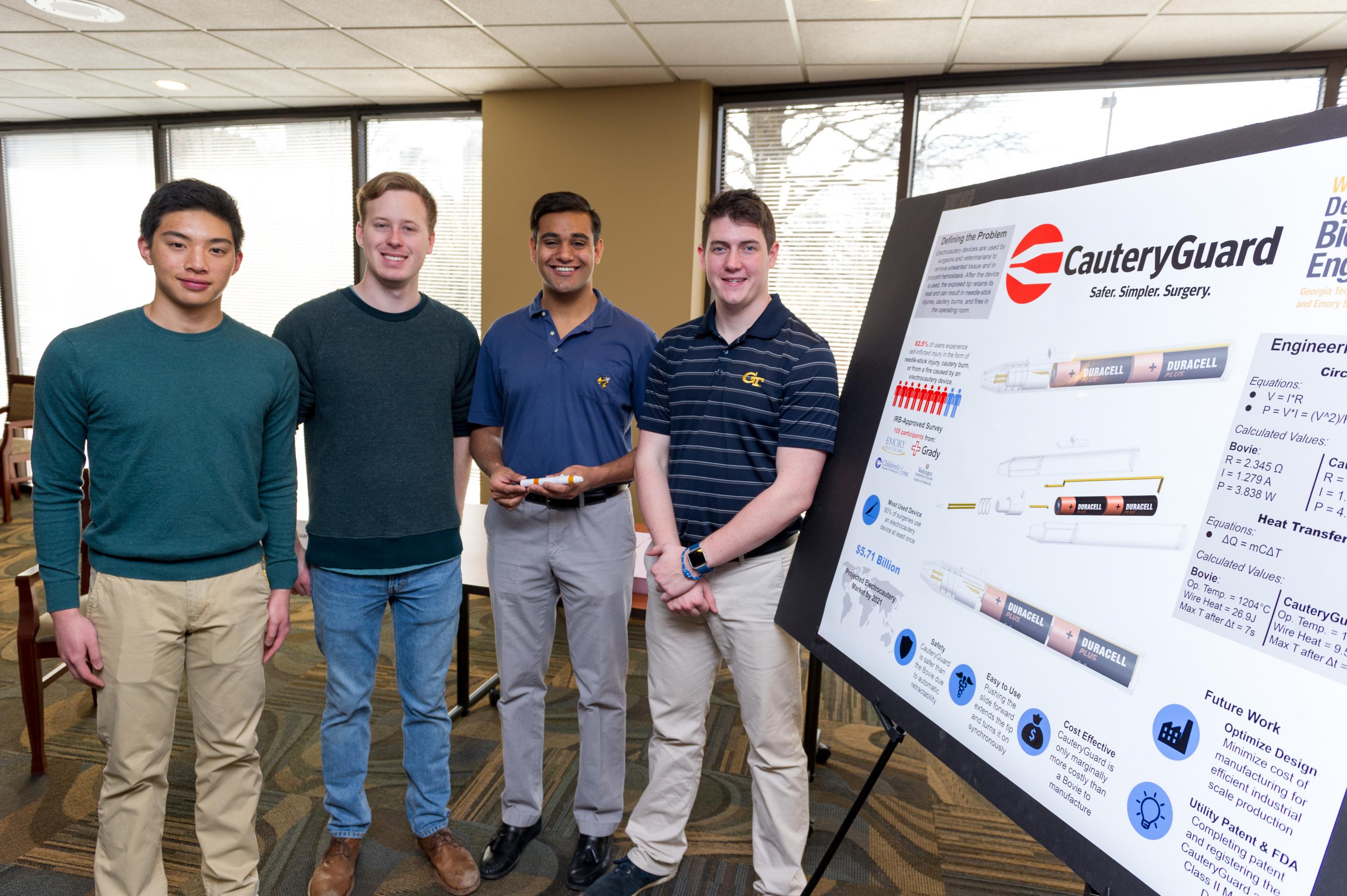 The CauteryGuard is a safer electrocautery device, which is used by doctors, veterinarians and other medical personnel to remove unwanted tissue and to stop bleeding. The CauteryGaurd automatically retracts when not in use, and the inventors said this removes any chance of accidental injury caused by the device during procedures. 

The team won the 2017 Georgia Tech InVenture Prize.

The inventors are four biomedical engineering majors – Jack Corelli from Philadelphia; Hunter Hatcher from Marietta, Ga.; 