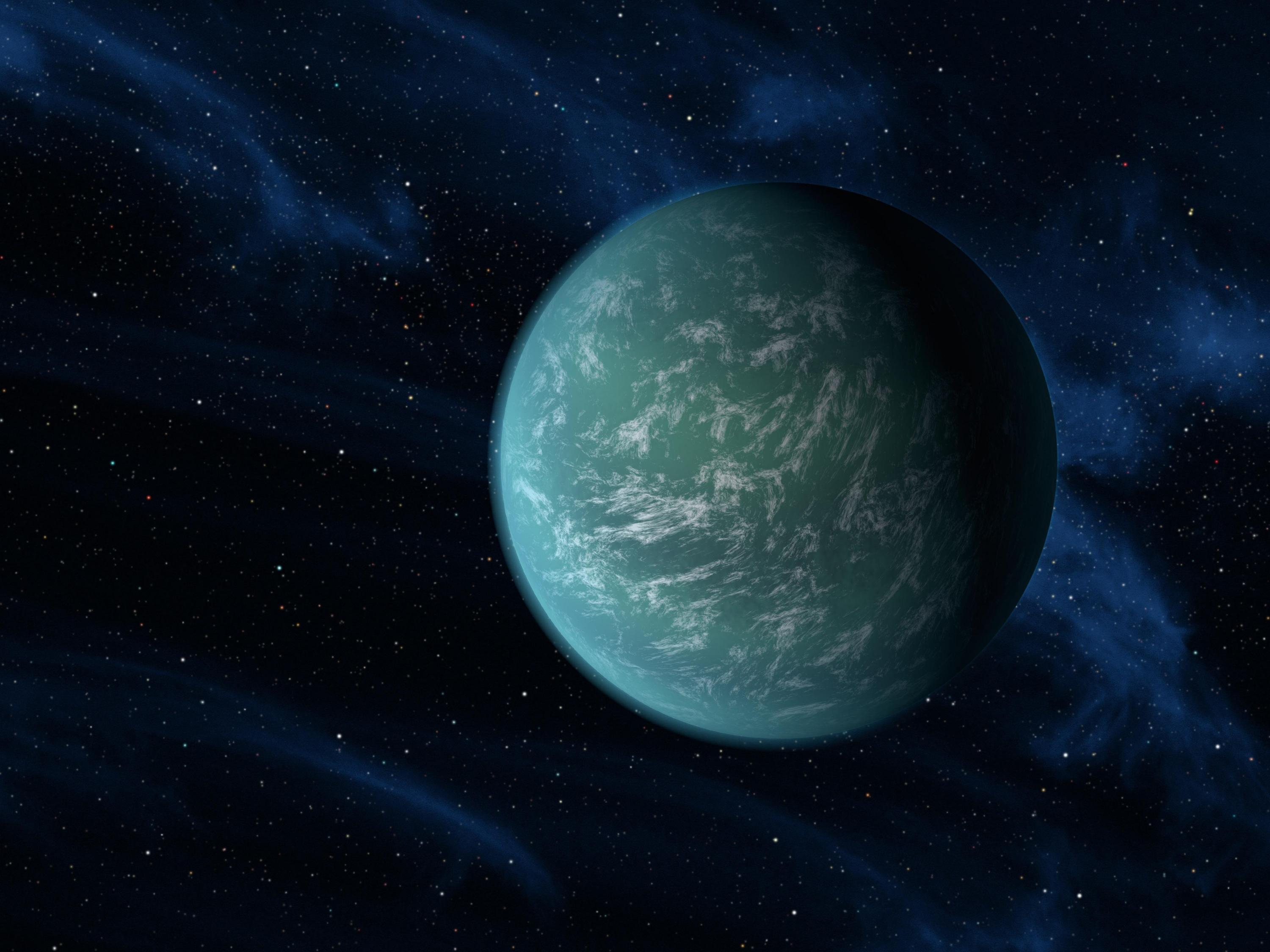 Artist's depiction of what exoplanet Kepler 22b might look like. It was discovered by the Kepler satellite telescope. Kepler 22b likely receives a similar amount of light and heat from its star as our Earth does from our sun. Credit: NASA/Ames/JPL-Caltech 
