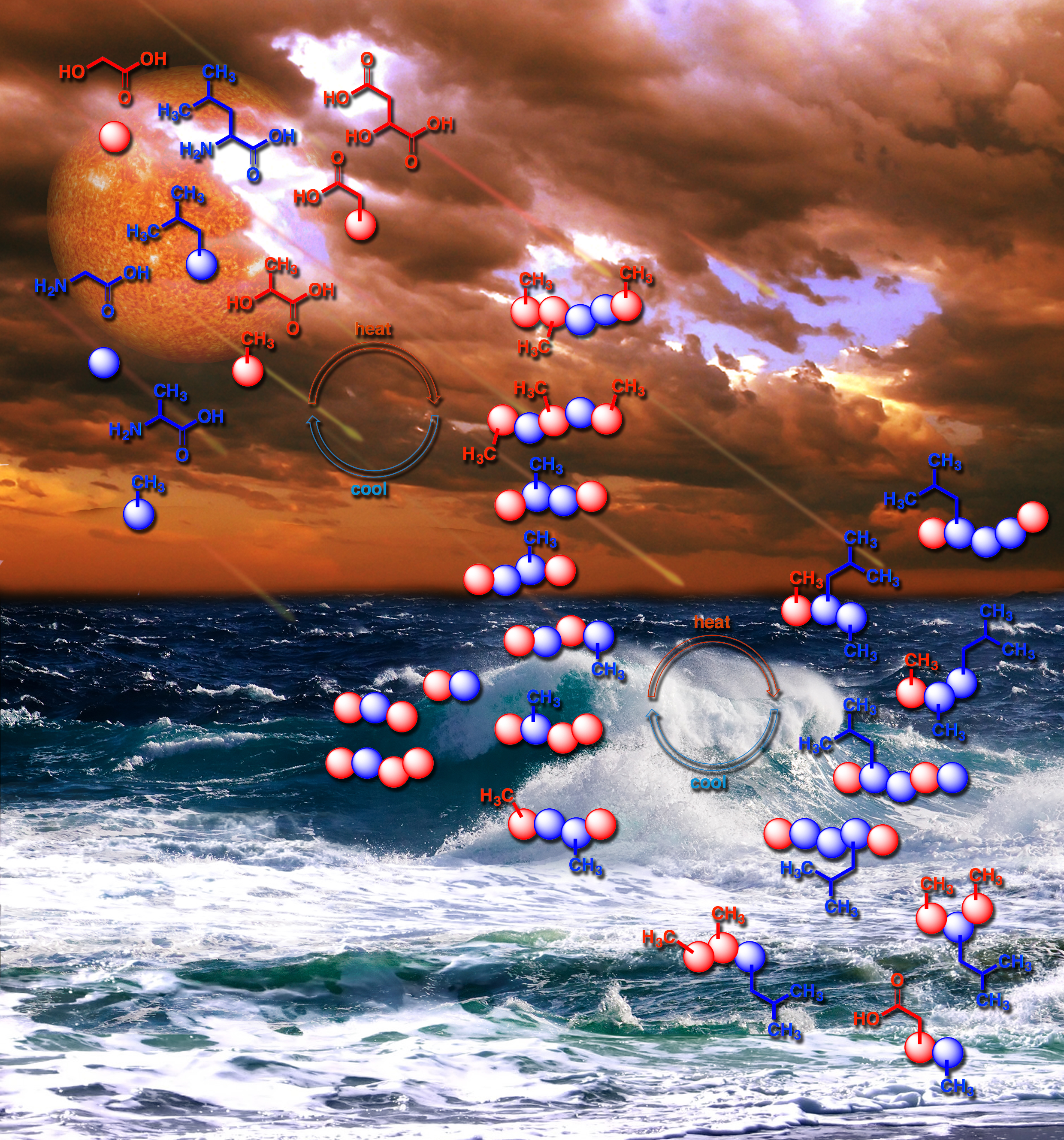The first polymers of life may have arisen by a daily process still observed on Earth today, such as the repeated drying and refilling of pond water. Credit: Karl Magnacca, John Boyer/SXC, bearfotos/Freepik, Vecteezy.com, and NASA Goddard Photo and Video / Center for Chemical Evolution