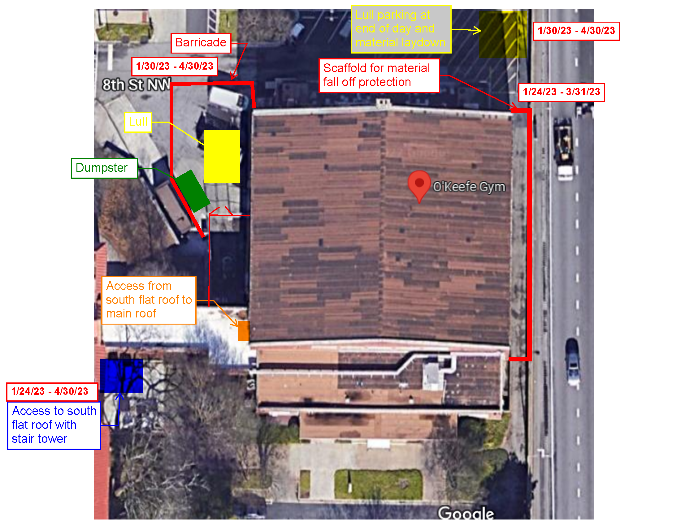 pic of logistics plan for O'Keefe Gym Roof Replacement