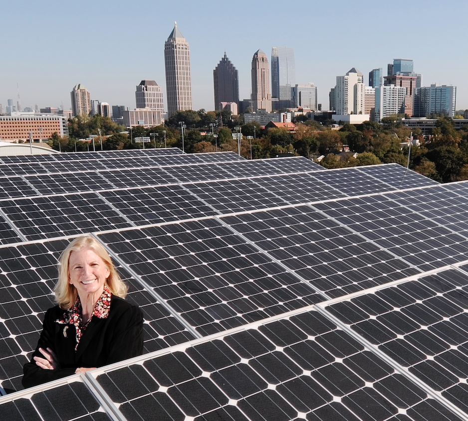 Marilyn Brown, Regents' and Brook Byers Professor of Sustainable Systems in the School of Public Policy, at the Clough Building rooftop solar panels.