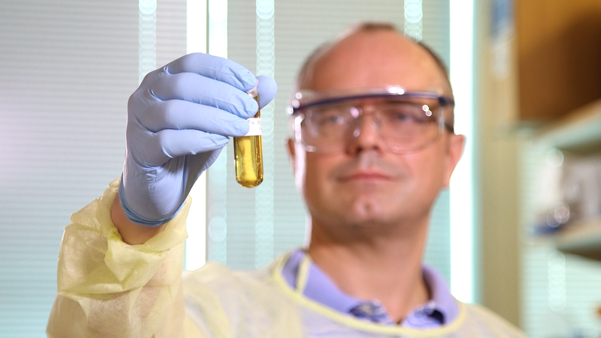 Researcher Roman Mezencev holds a sample of nanohydrogel developed for targeted delivery of siRNA to cancer cells and successfully tested in vivo in mice in John McDonald's Georgia Tech lab. Credit: Georgia Tech / Micah Eavenson / Adam Karcz