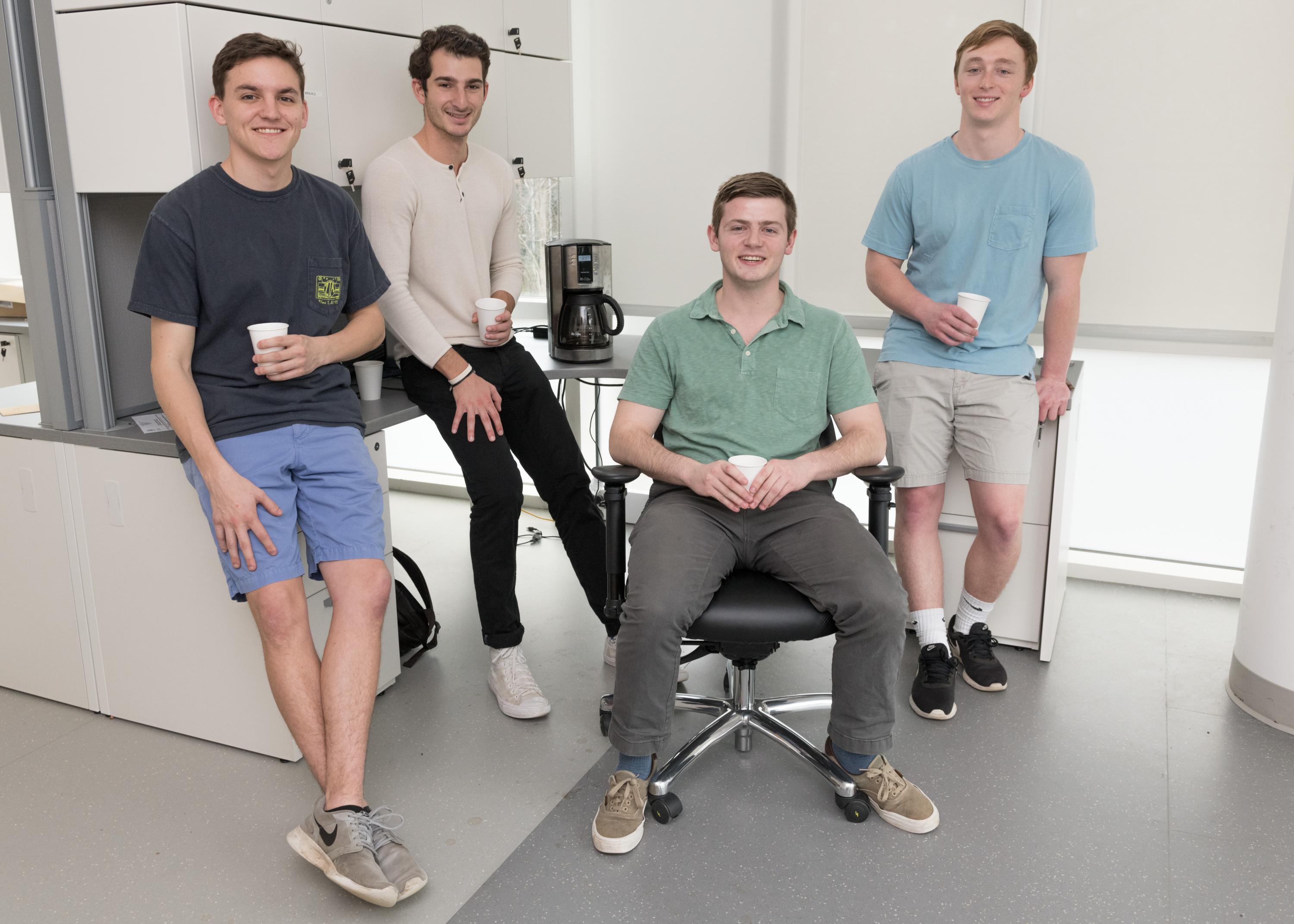 InVenture Prize finalist pHAM designed new filters to reduce coffee’s acidity. The inventors are four materials science and engineering majors: Aaron Stansell, Michele Lauto, Tyler Quill and Lucas Votaw. (Photo by Allison Carter)