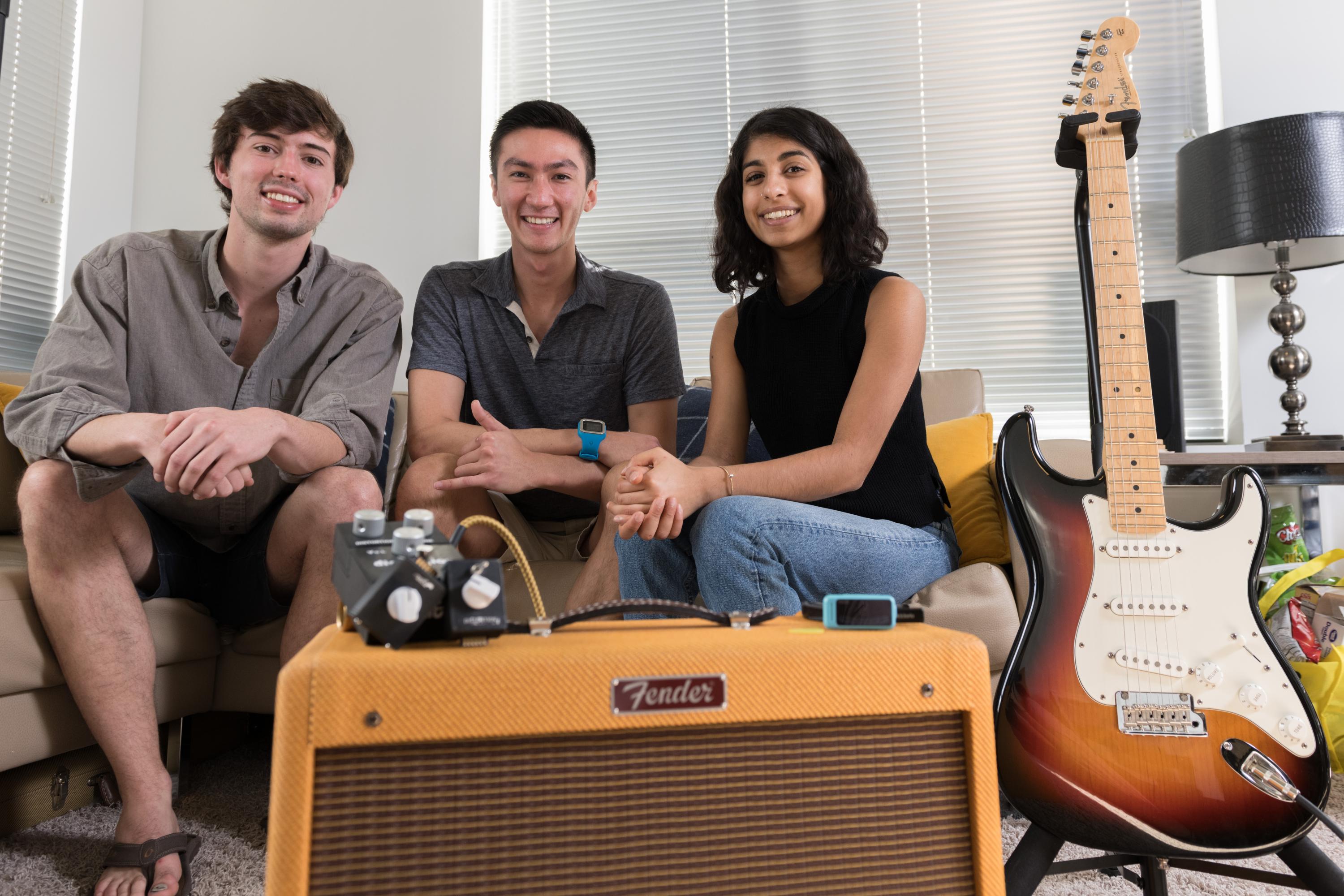 InVenture Prize finalist PedalCreator provides guitarists with affordable, customizable sound effects. Inventors are: Dallas Condra, Jeremy Leff and Vanya Padmanabhan. (Photo by Allison Carter)